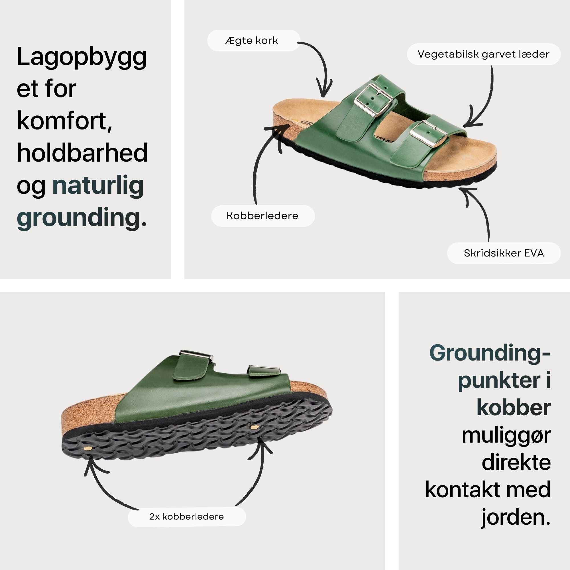 Jordingssandaler med kork, vegetabilsk garvet læder, skridsikker EVA og kobberjordingspunkter