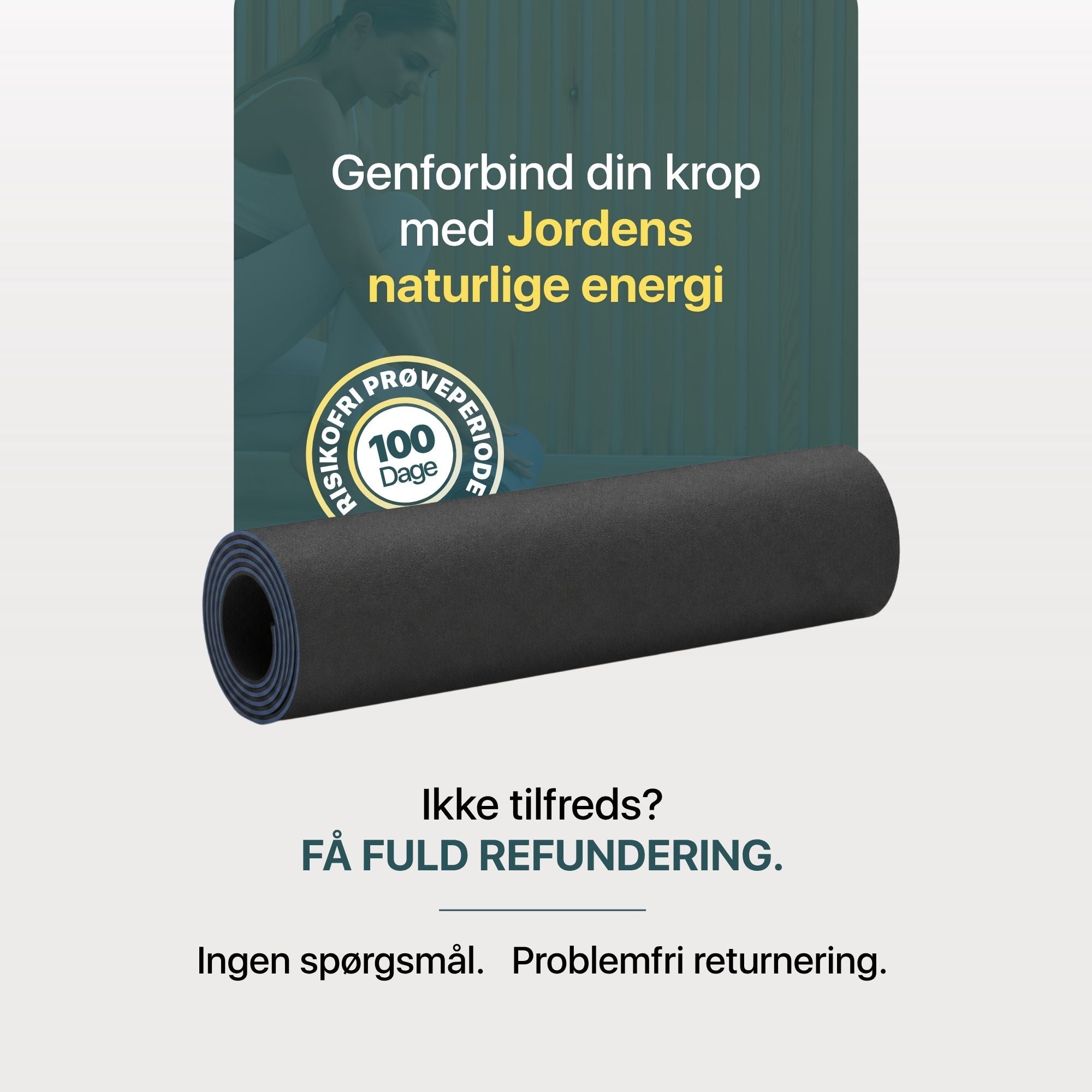 Jordingsyogamåtte rullet i sort med 100 dages risikofri prøve og fuld refusion