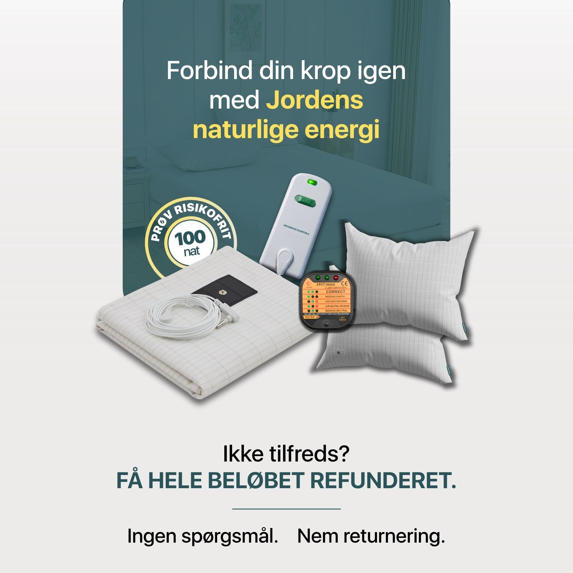 Recharge While Sleeping Bundle med faconsyet lagen, pudebetræk, konduktivitetstester, stikkontakttester og risikofri prøveperiode med fuld refundering og problemfri returnering