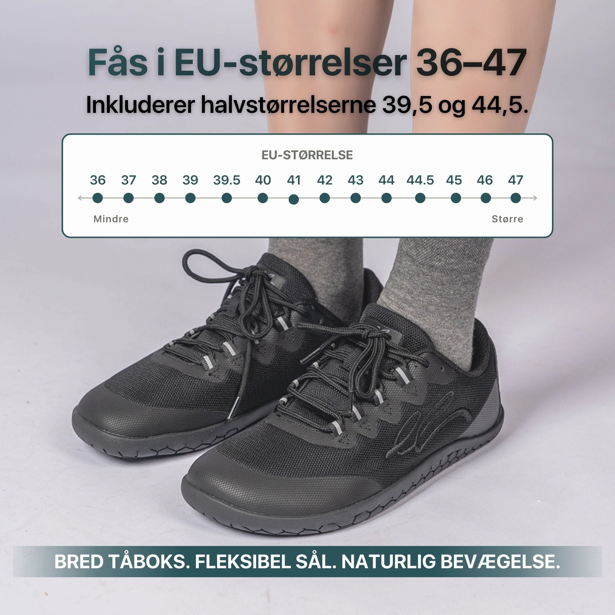 Jordings-barefodsko brugt med sokker, fås i EU-størrelser 36 til 47 med halve størrelser