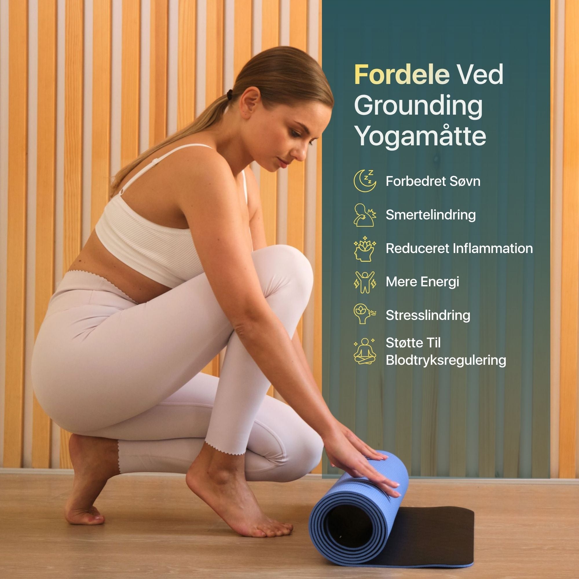 Jordingsyogamåtte med kvinde der ruller måtten ud og fordele for søvn, smerter og stress