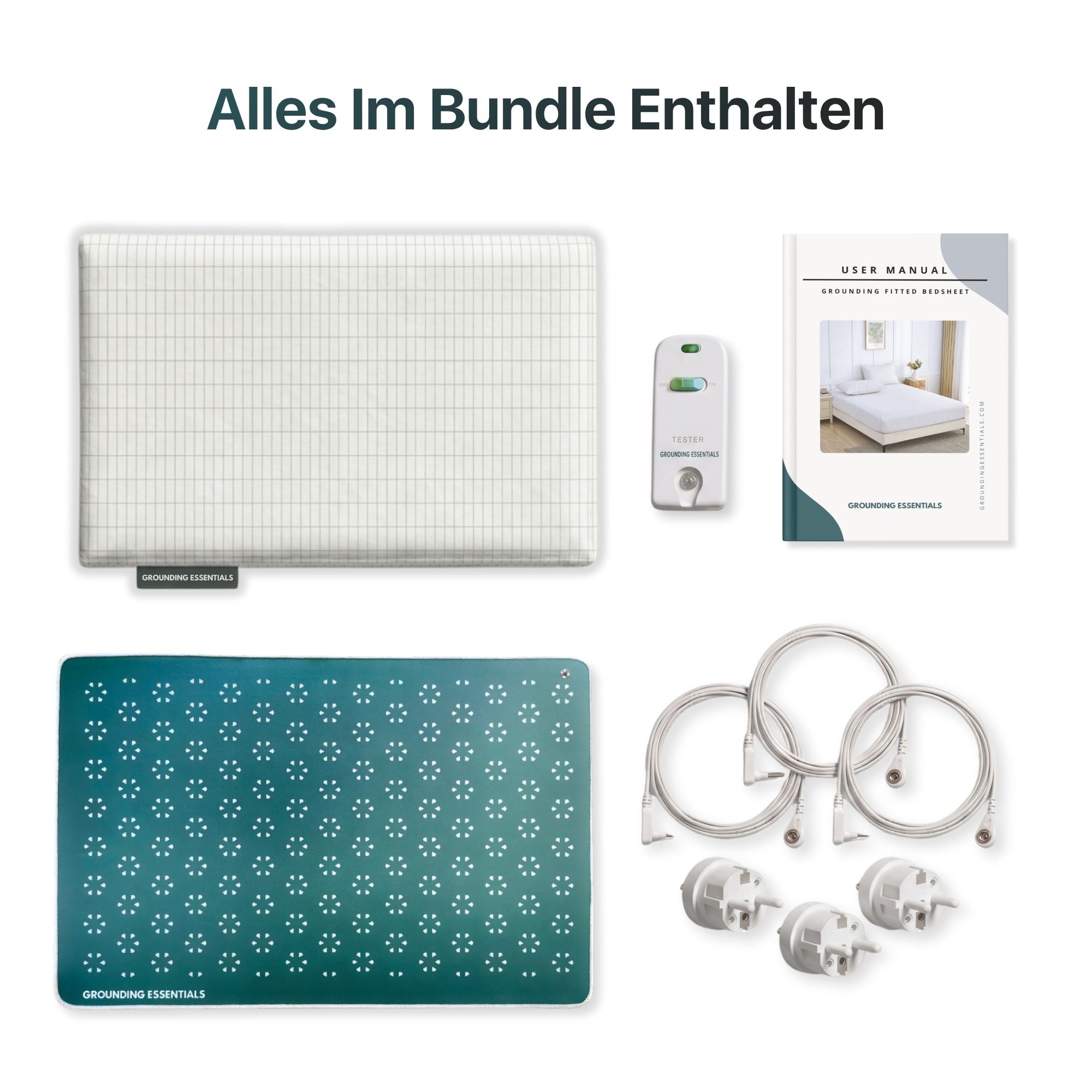 Grounding Bettlaken-Bundle mit Spannbettlaken, Midnight Moss Grounding Matte, Leitfähigkeitstester, Benutzerhandbuch, Kabeln und Anschlusssteckern
