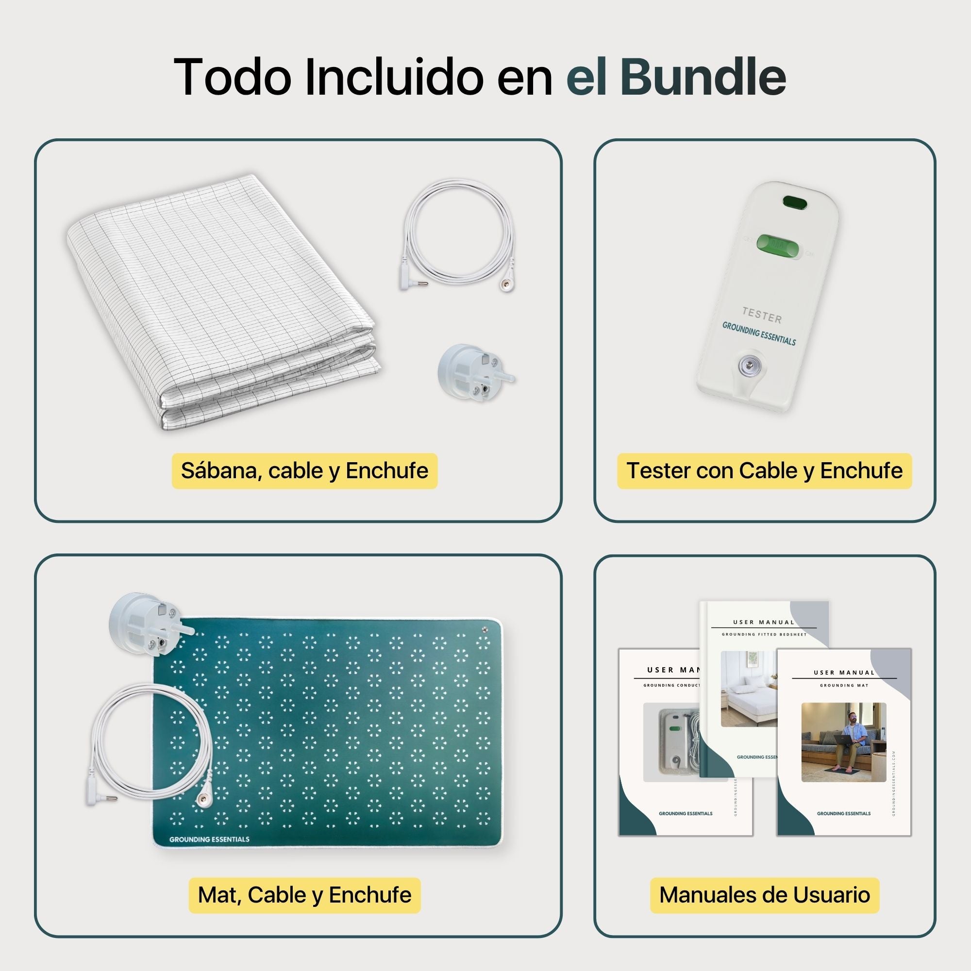 Pack de sábana grounding con sábana bajera ajustable, probador de conductividad, alfombrilla grounding Midnight Moss, cables, enchufes de conexión y manuales de usuario incluidos
