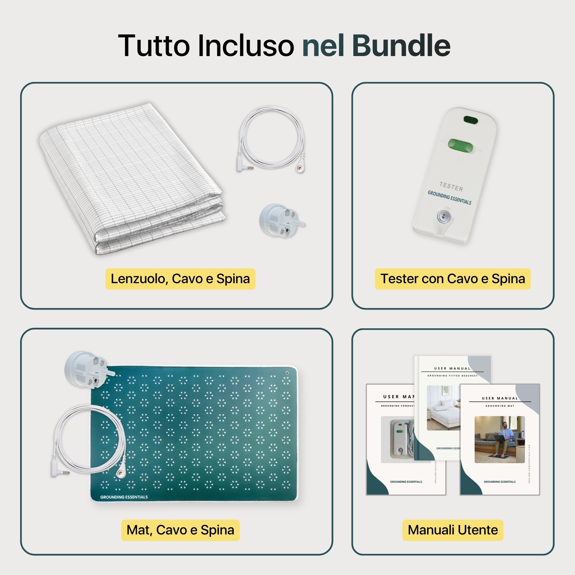 Bundle lenzuolo grounding con lenzuolo con angoli, tester di conducibilità, tappetino grounding Midnight Moss, cavi, spine di connessione e manuali utente inclusi