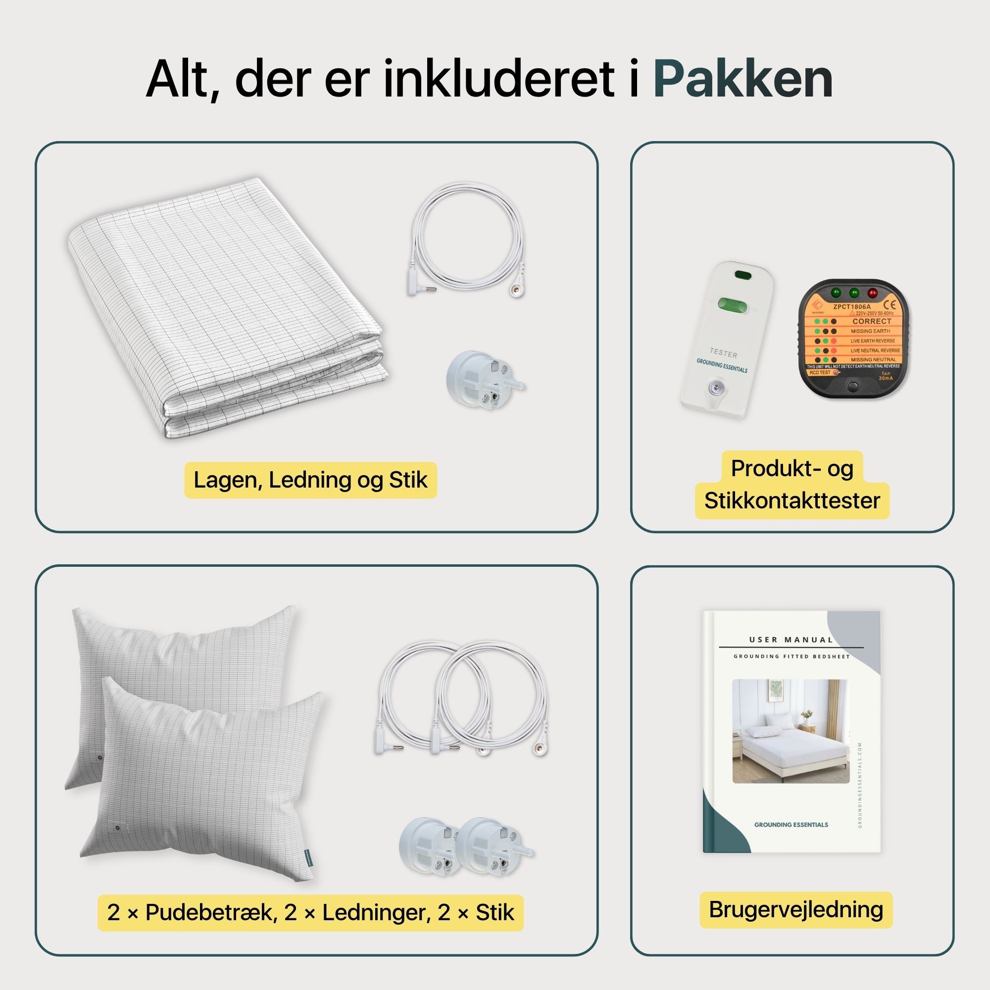 Recharge While Sleeping-pakke med lagen, pudebetræk, ledninger, stik, testere og brugervejledning