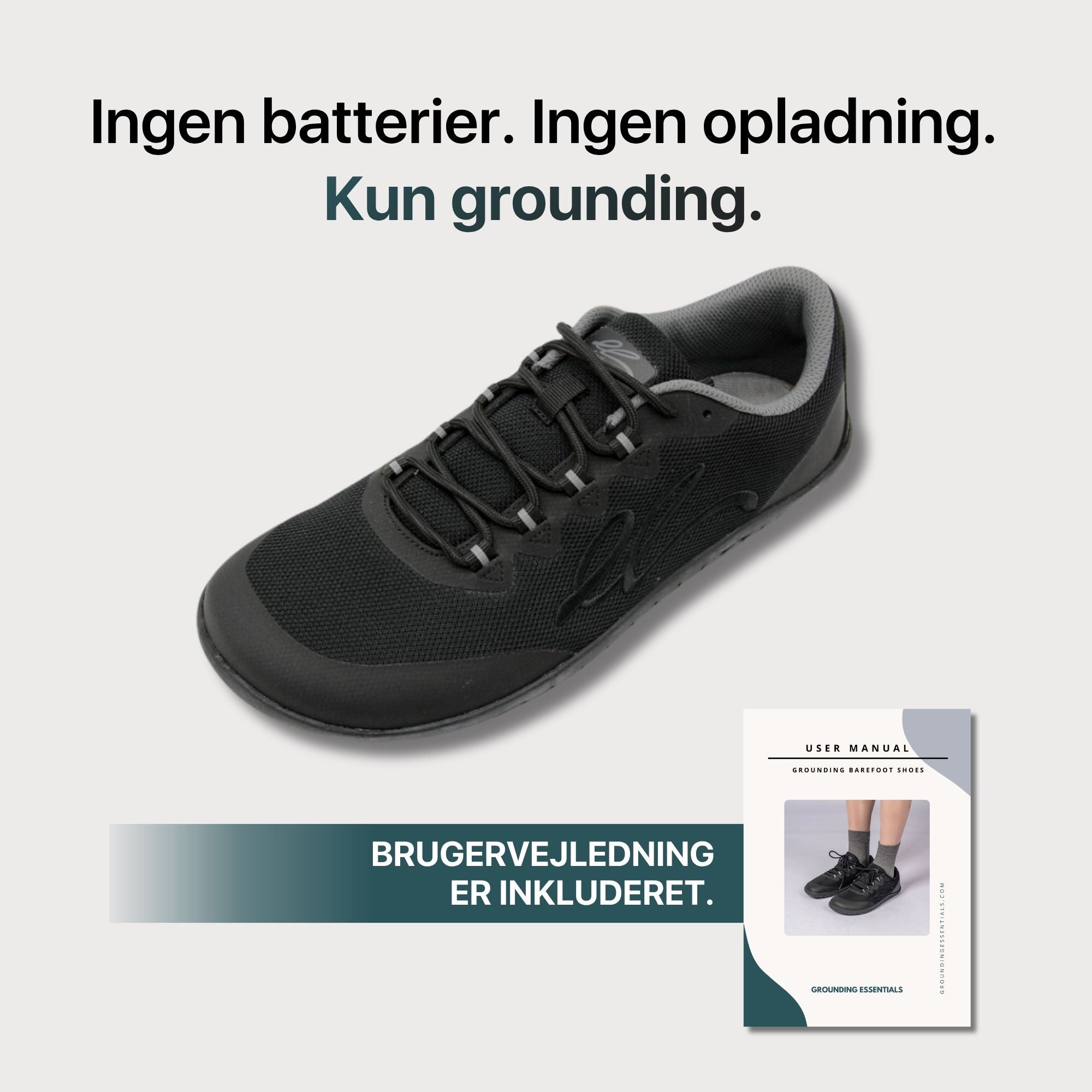 Jordings-barefodsko med brugervejledning inkluderet og budskab om grounding uden batterier eller opladning