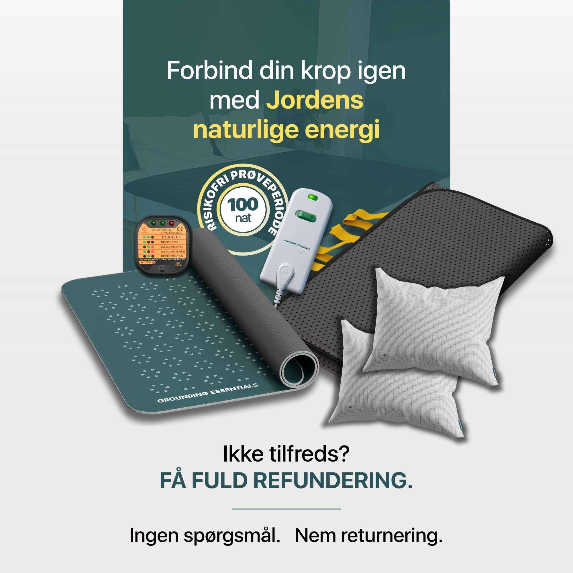 Ultimate Grounding Starter Pack med sengemåtte, pudebetræk, Midnight Moss jordingsmåtte, testere og risikofri prøveperiode med fuld refundering og problemfri returnering