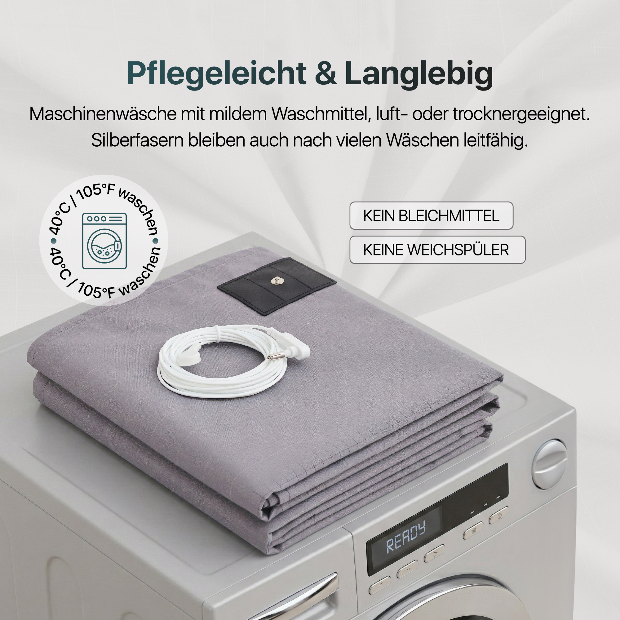 Erdungs-Bettlaken in Grau mit Grounding Cord auf Waschmaschine und Pflegehinweisen
