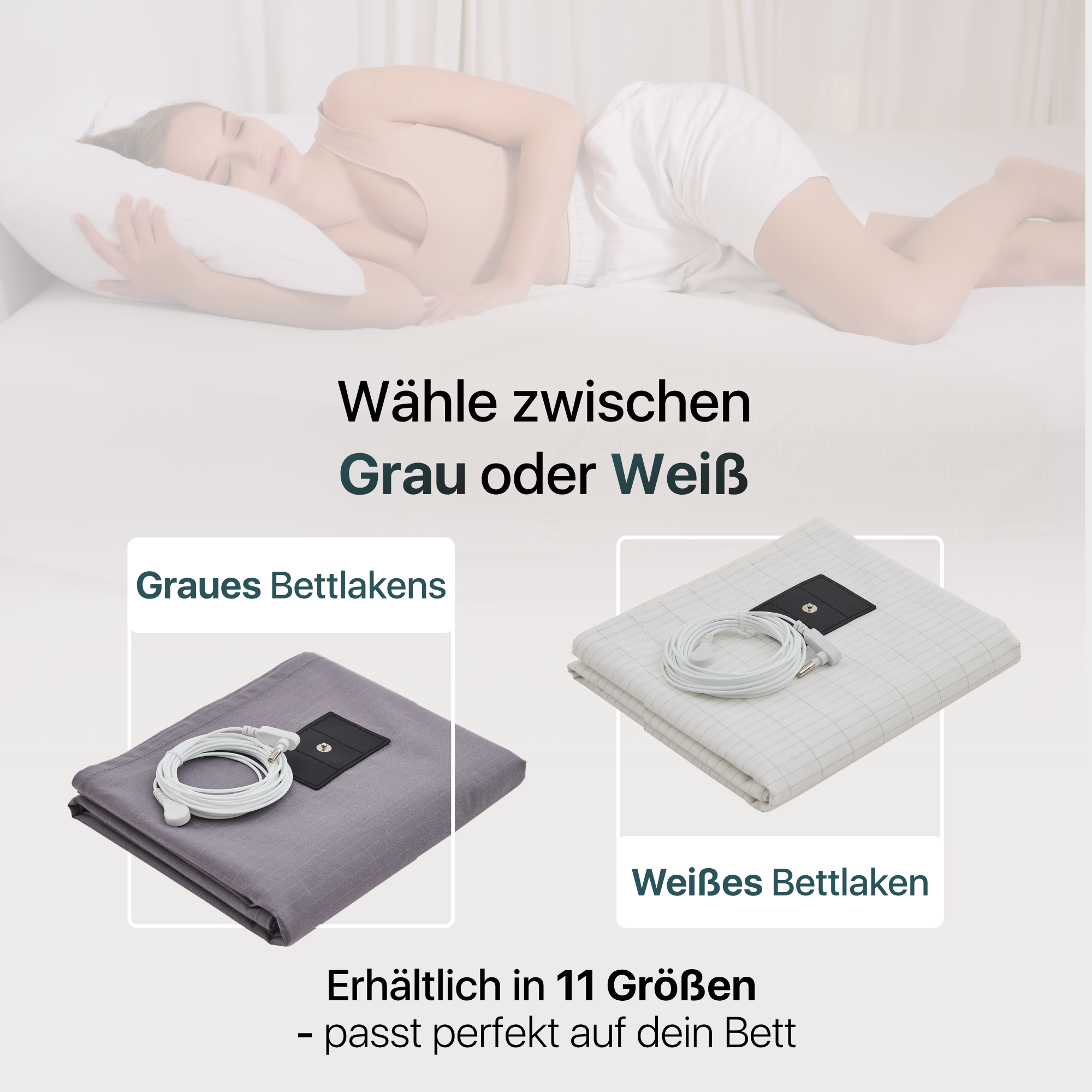 Erdungs-Bettlaken in Grau und Weiß mit Grounding Cord, erhältlich in 11 Größen