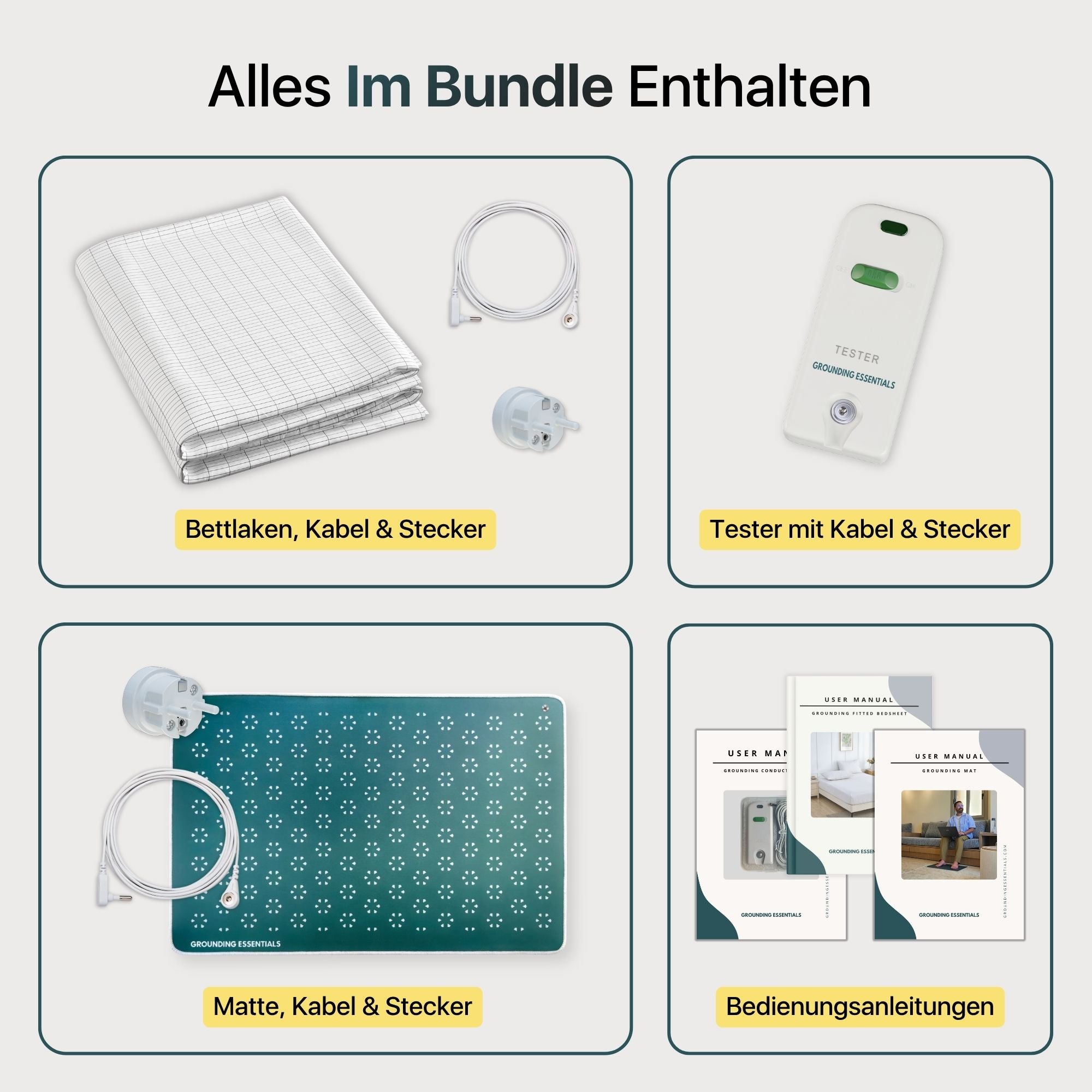 Erdungsbündel mit Bettlaken, Erdungsmatte, Tester, Kabeln, Steckern und Bedienungsanleitungen