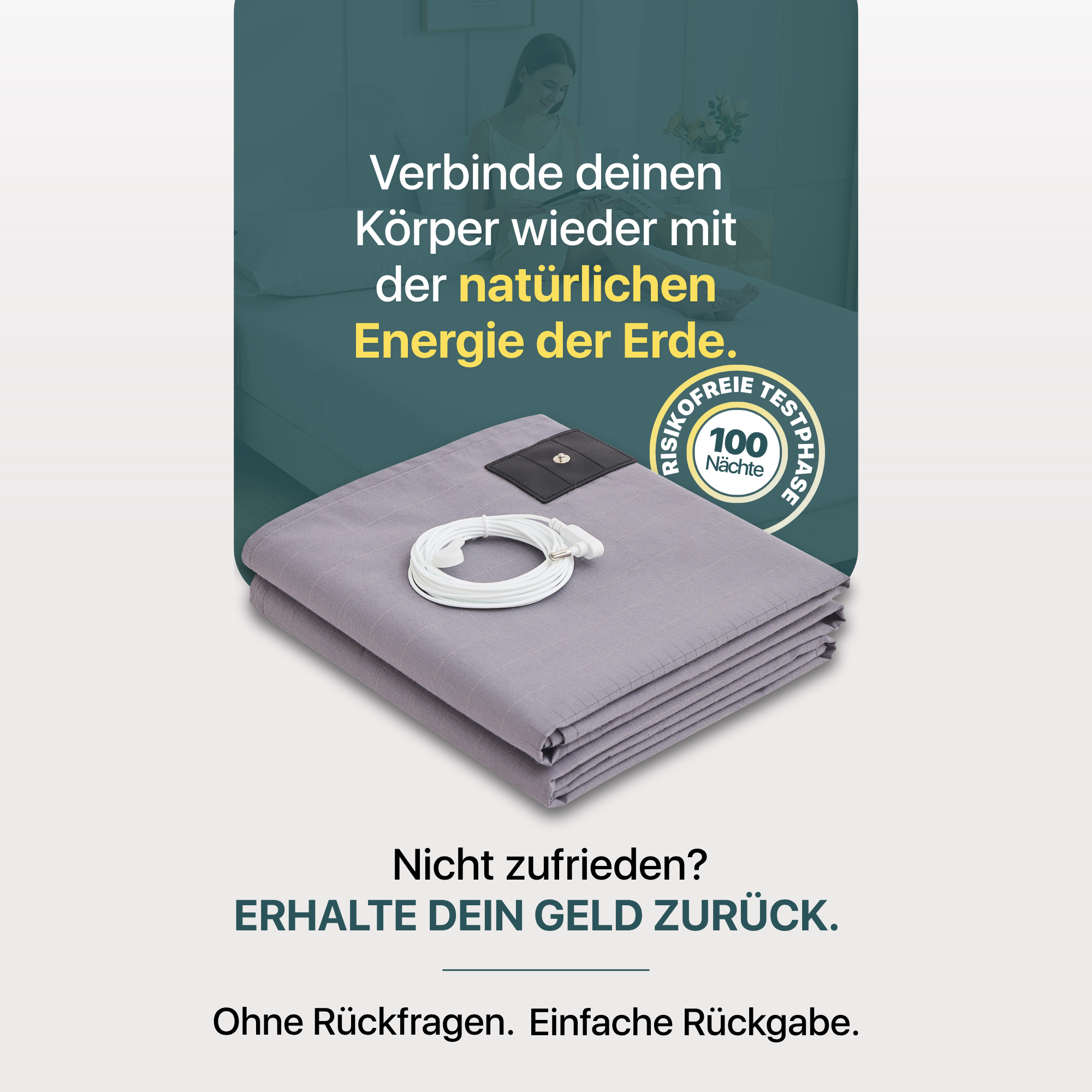 Erdungs-Bettlaken in Grau mit Grounding Cord und 100-Nächte risikofreiem Test