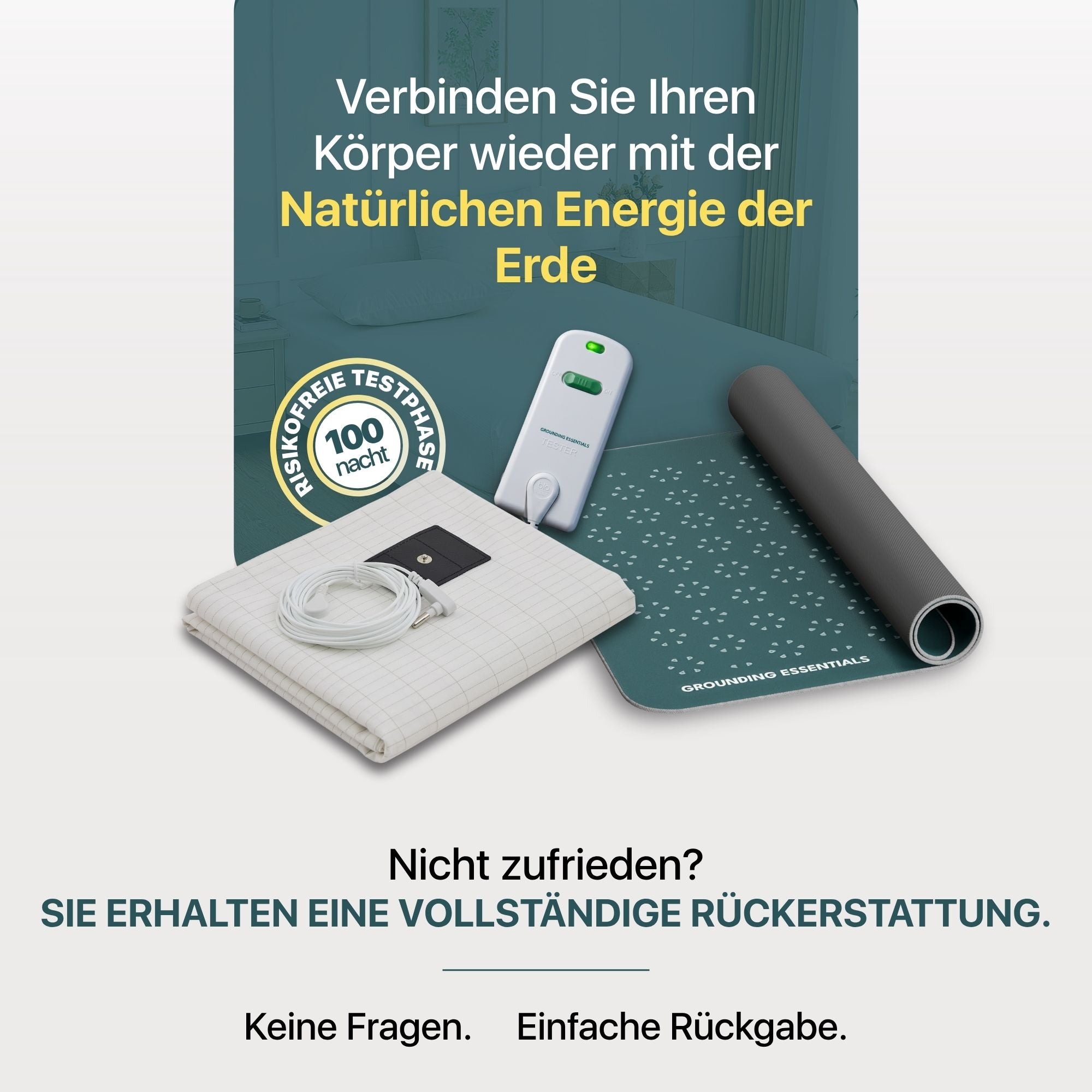 Grounding Bettlaken-Bundle mit Spannbettlaken, Midnight Moss Grounding Matte, Leitfähigkeitstester und risikofreiem Test mit voller Rückerstattung und problemloser Rückgabe