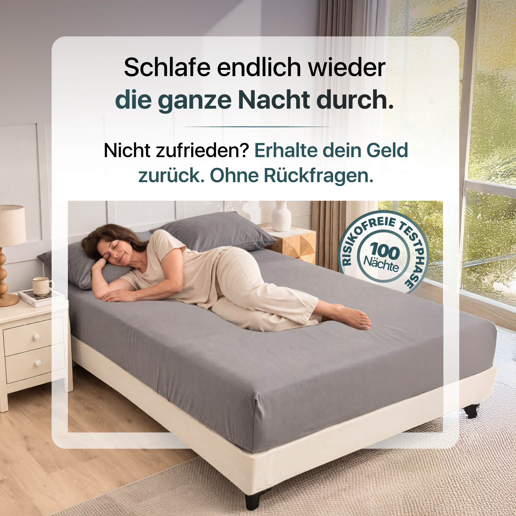 Erdungs-Bettlaken in Grau auf Bett mit schlafender Frau und 100-Nächte risikofreiem Test