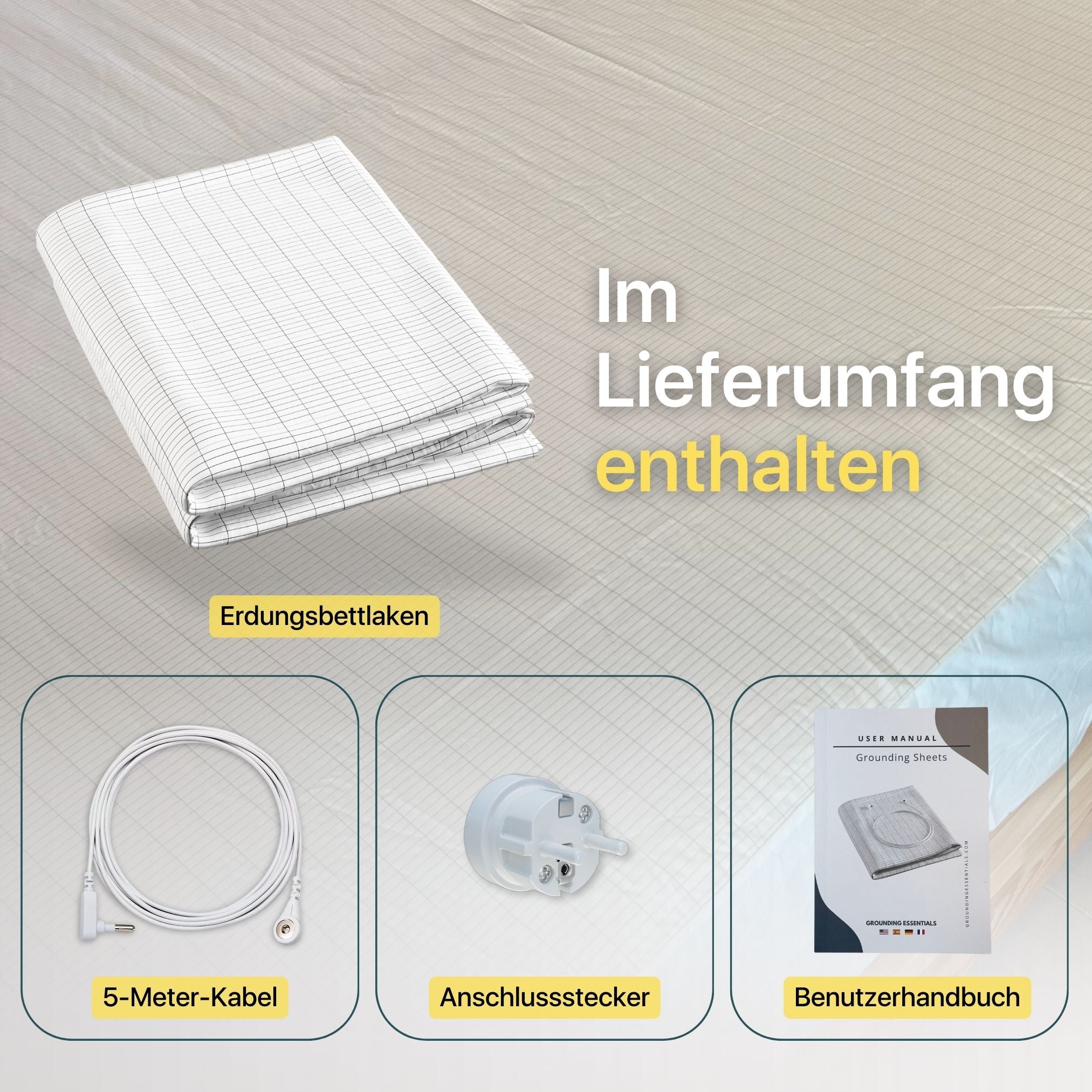 Erdungs-Bettlaken Set mit weißem Laken, 5-Meter Grounding Cord, Stecker und Anleitung