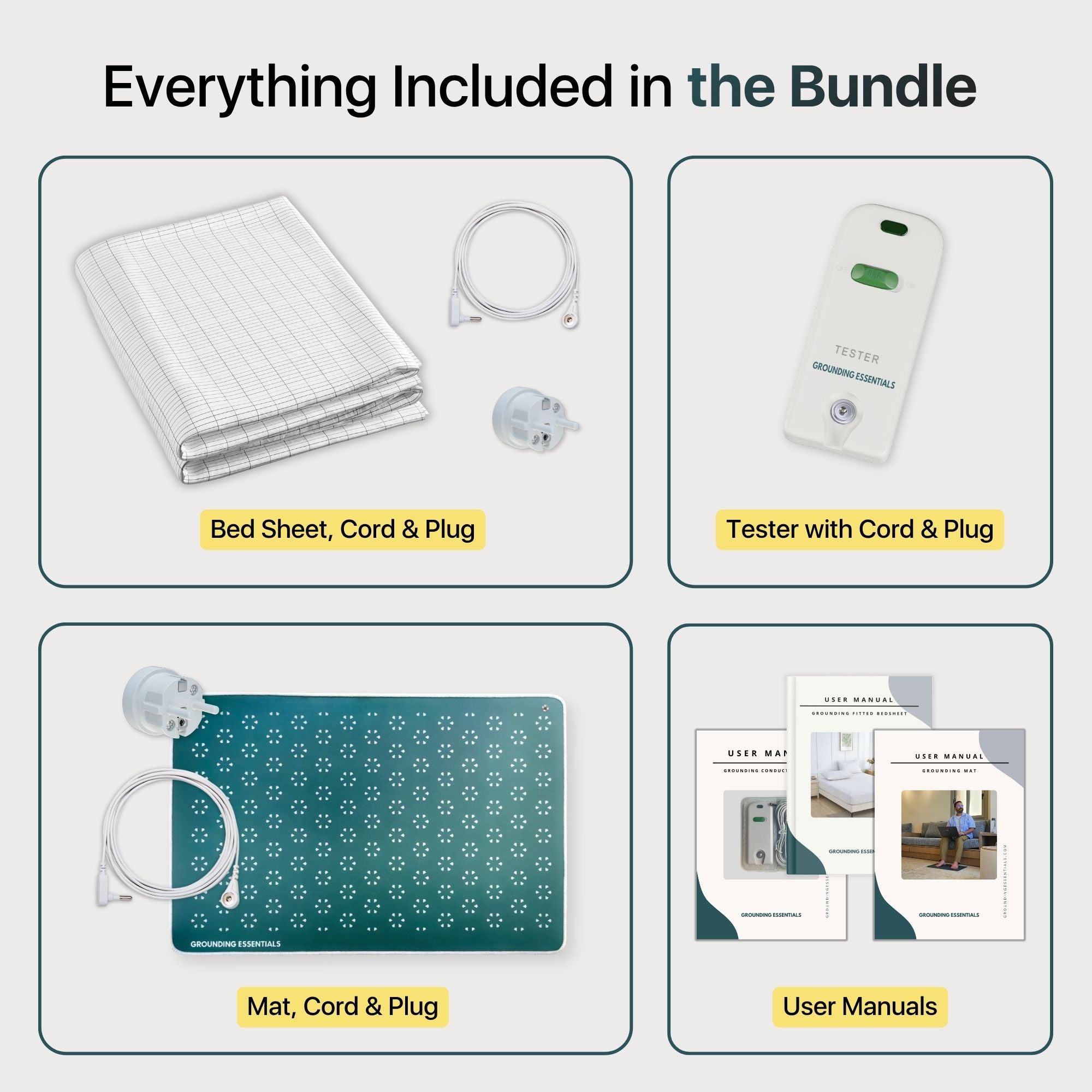 Grounding Bed Sheet Bundle with fitted bed sheet, conductive tester, Midnight Moss grounding mat, cords, connection plugs and user manuals included