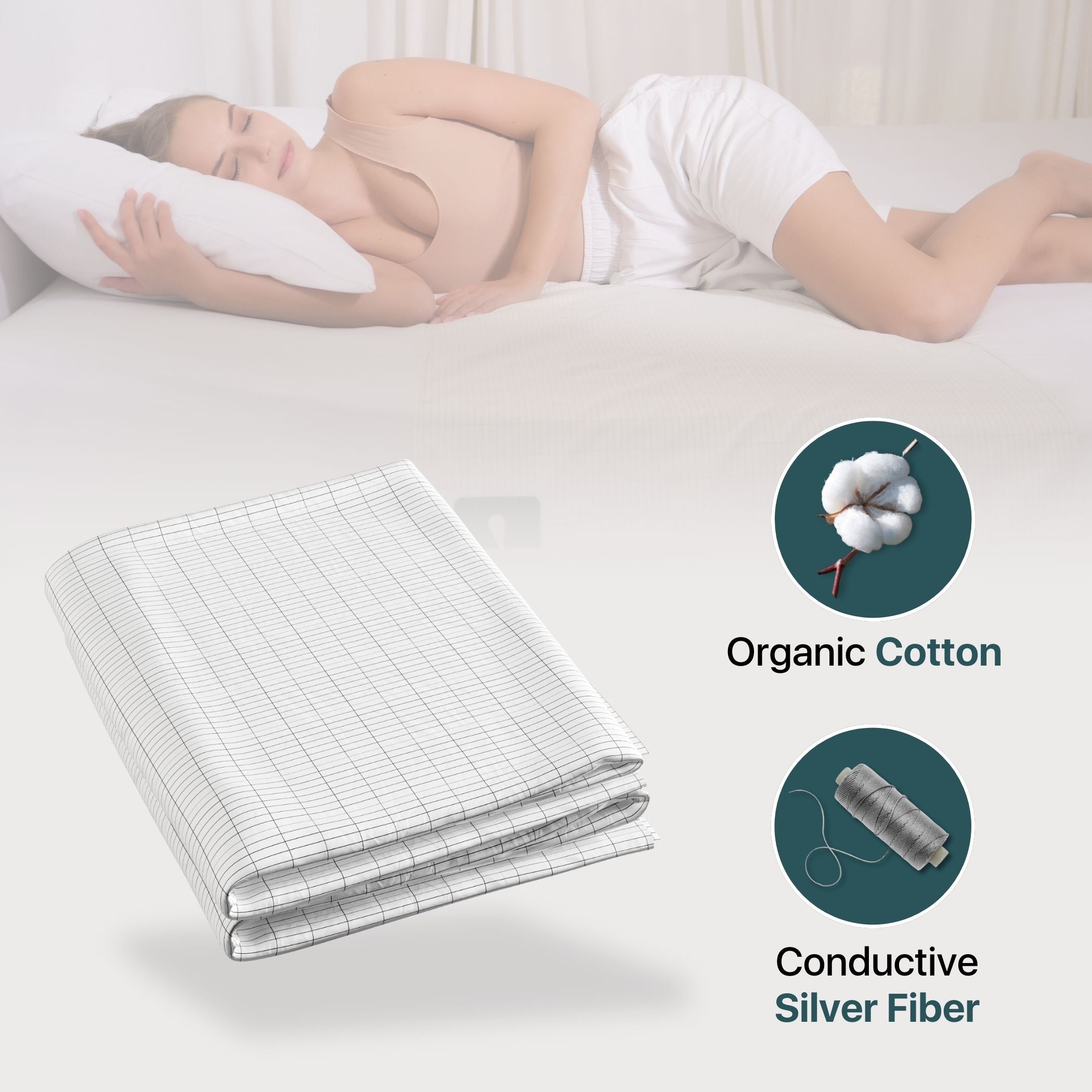 Grounding Bed Sheets in white with organic cotton and conductive silver fiber details