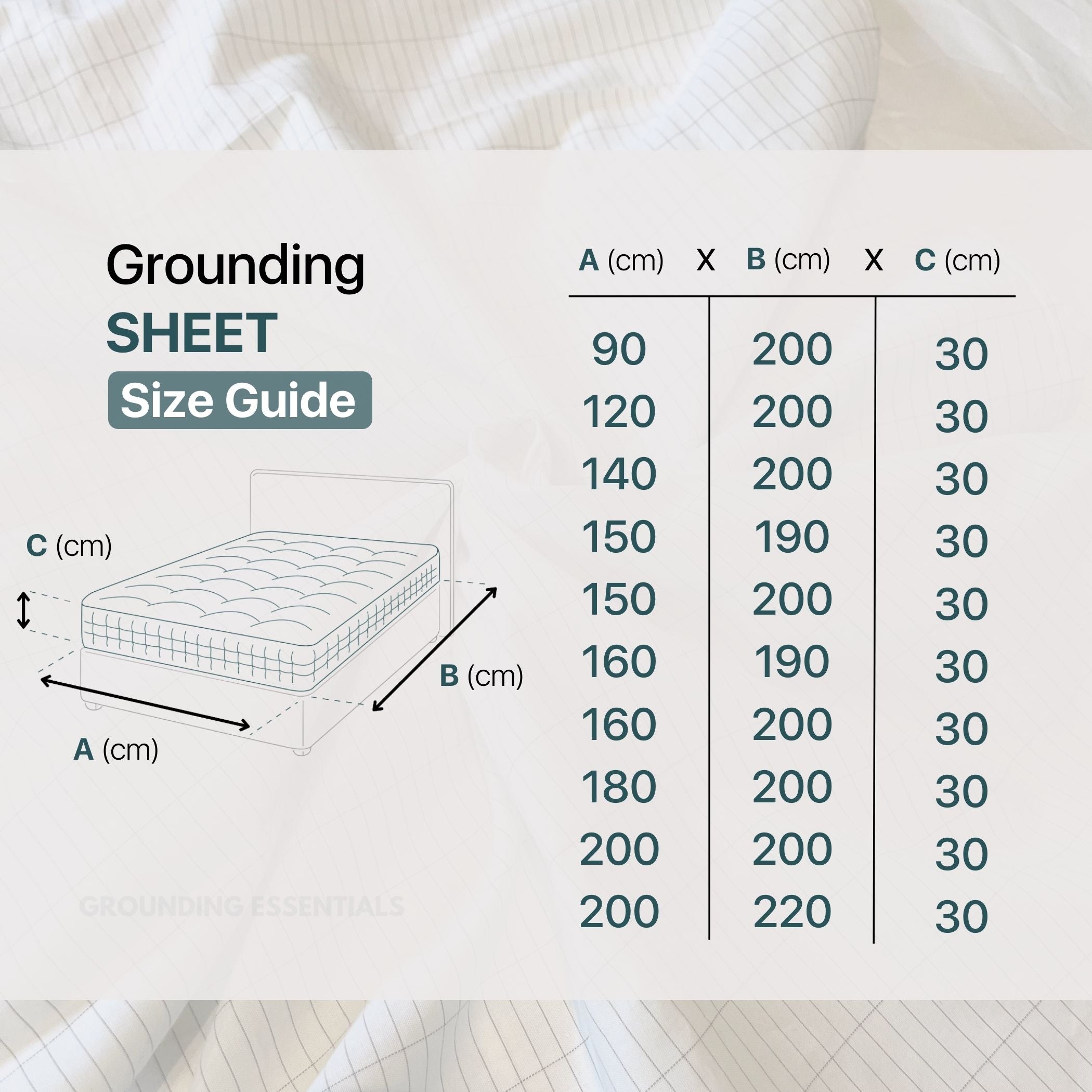Grounding Bed Sheets size guide with mattress diagram and measurements in centimeters
