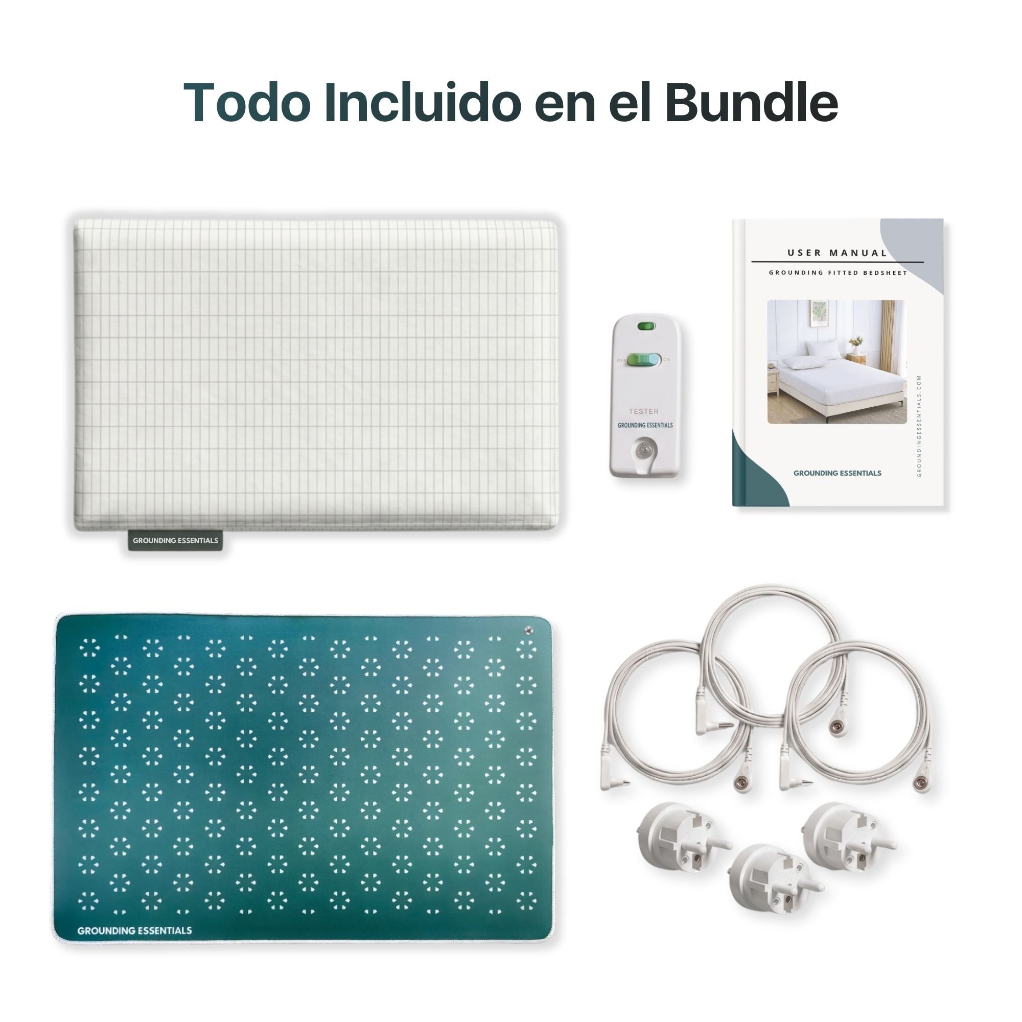 Pack de sábana grounding con sábana bajera ajustable, alfombrilla grounding Midnight Moss, probador de conductividad, manual de usuario, cables y enchufes de conexión incluidos