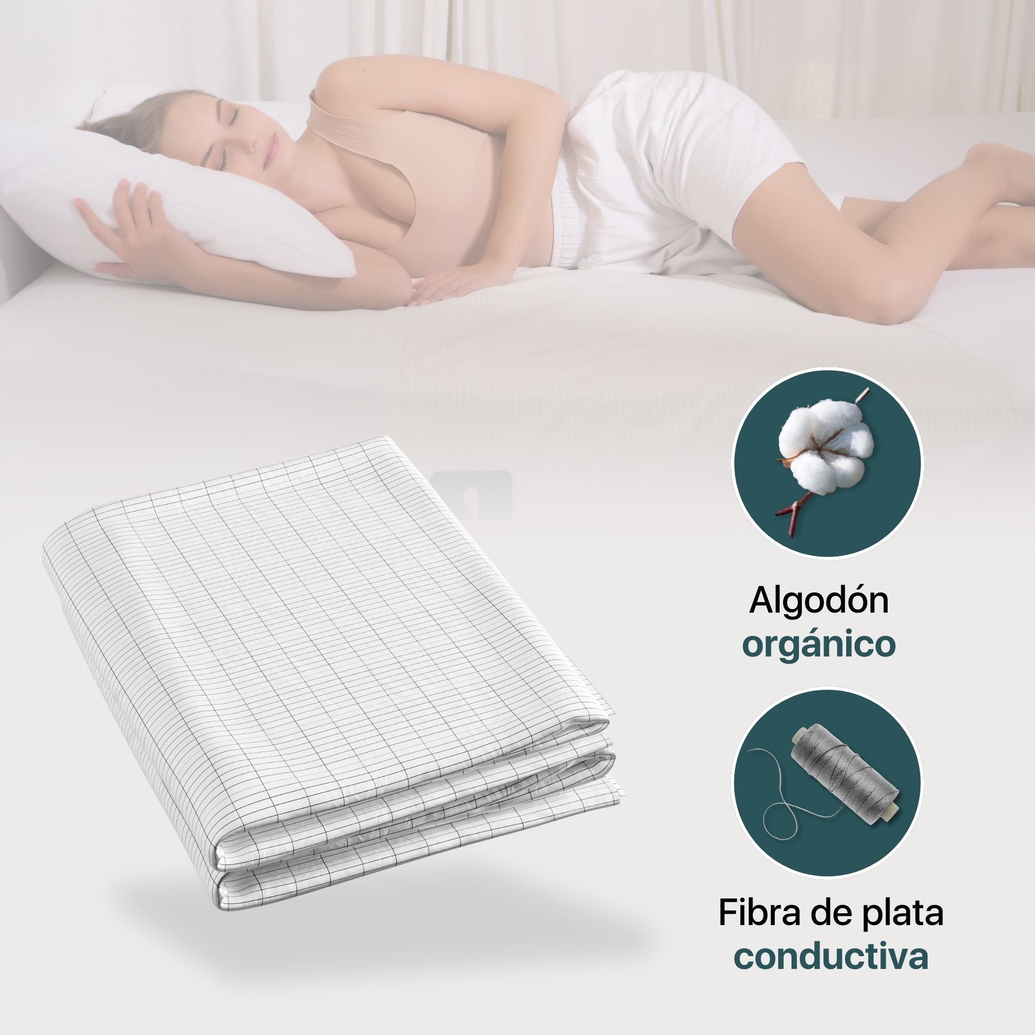 Sábana grounding blanca con algodón orgánico y fibra de plata conductora