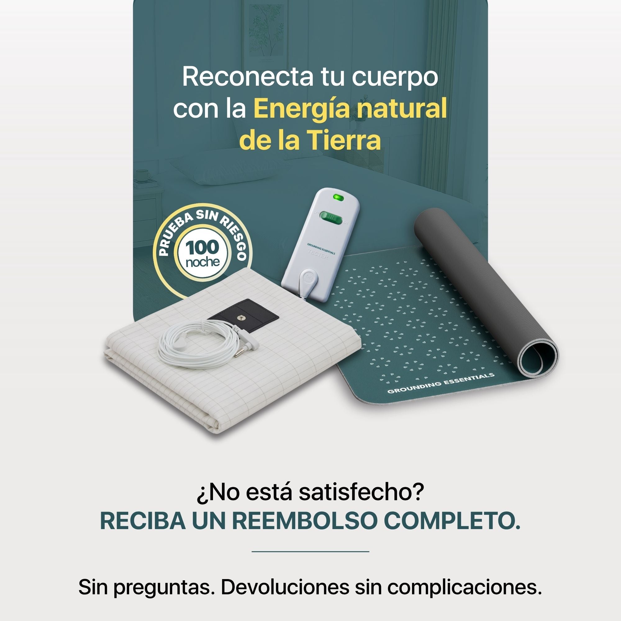 Pack de sábana grounding con sábana bajera ajustable, alfombrilla grounding Midnight Moss, probador de conductividad y mensaje de prueba sin riesgo con reembolso completo y devoluciones fáciles