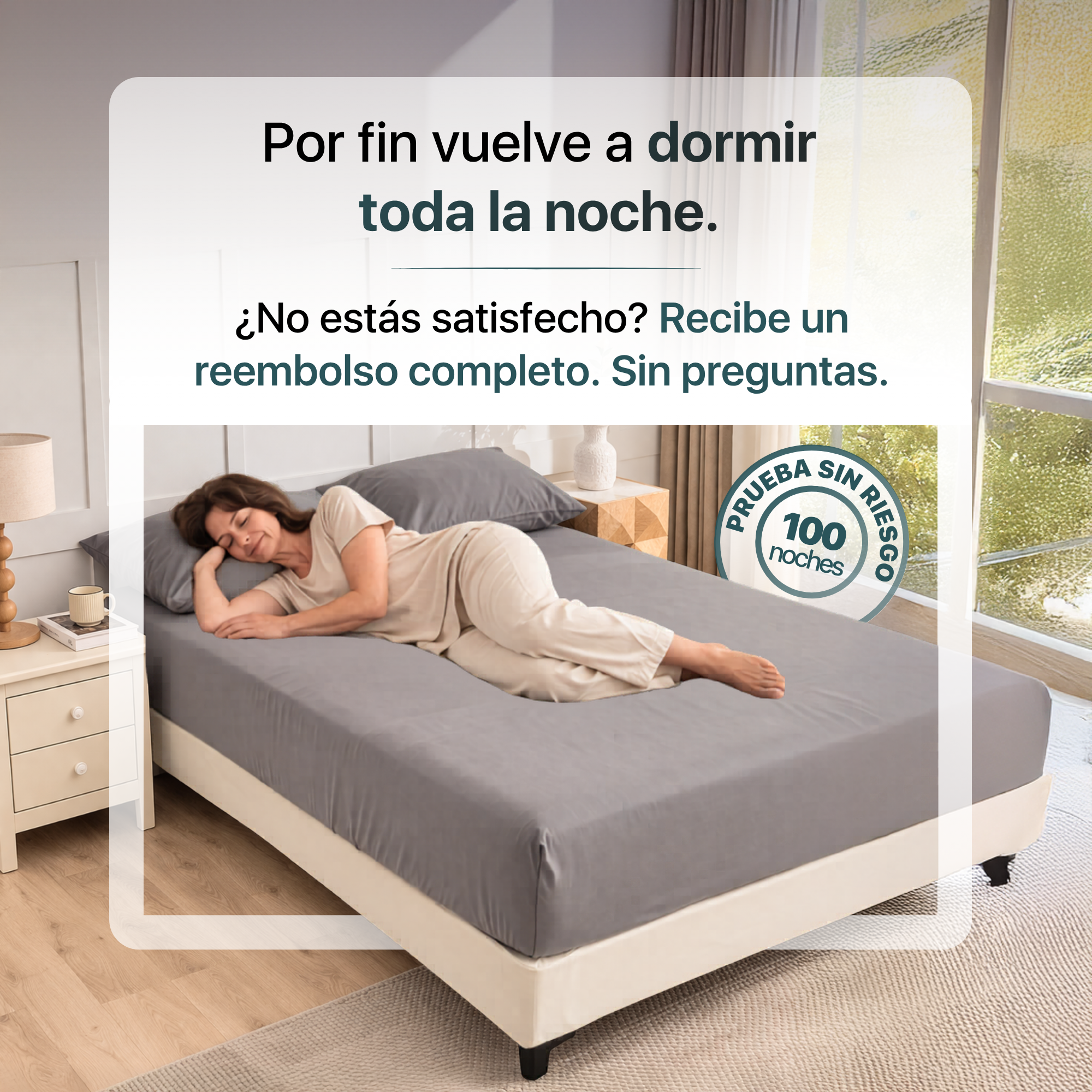 Sábana grounding gris en cama con mujer durmiendo y sello de prueba sin riesgo de 100 noches