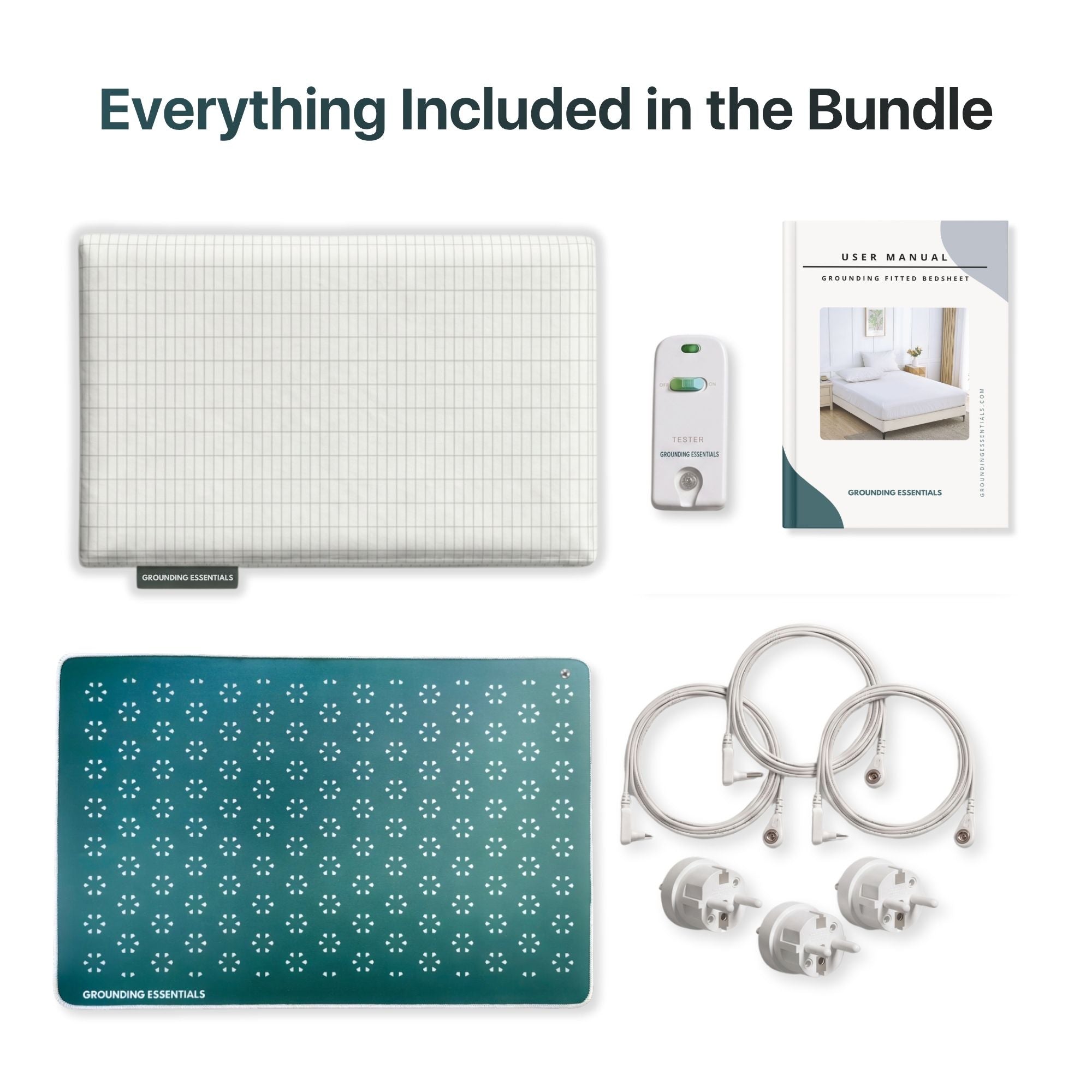 Grounding Bed Sheet Bundle with fitted bed sheet, Midnight Moss grounding mat, conductive tester, user manual, cords and connection plugs included