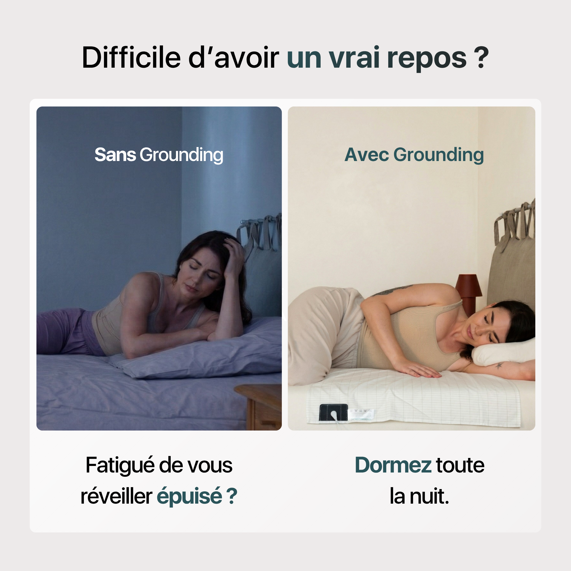 Demi-drap de mise à la terre comparant sommeil agité sans grounding et sommeil calme avec grounding