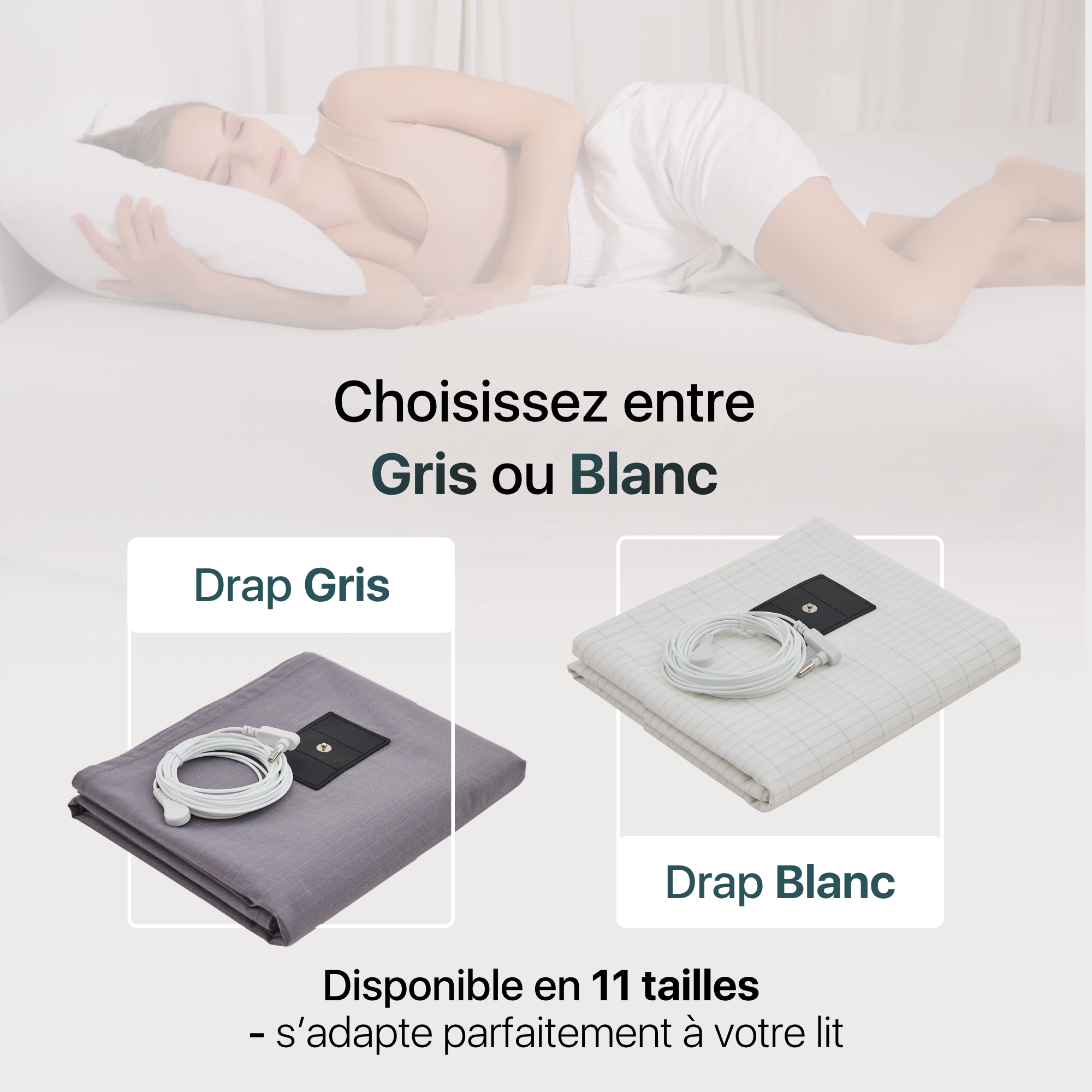 Drap de mise à la terre gris et blanc avec cordon grounding, disponible en 11 tailles