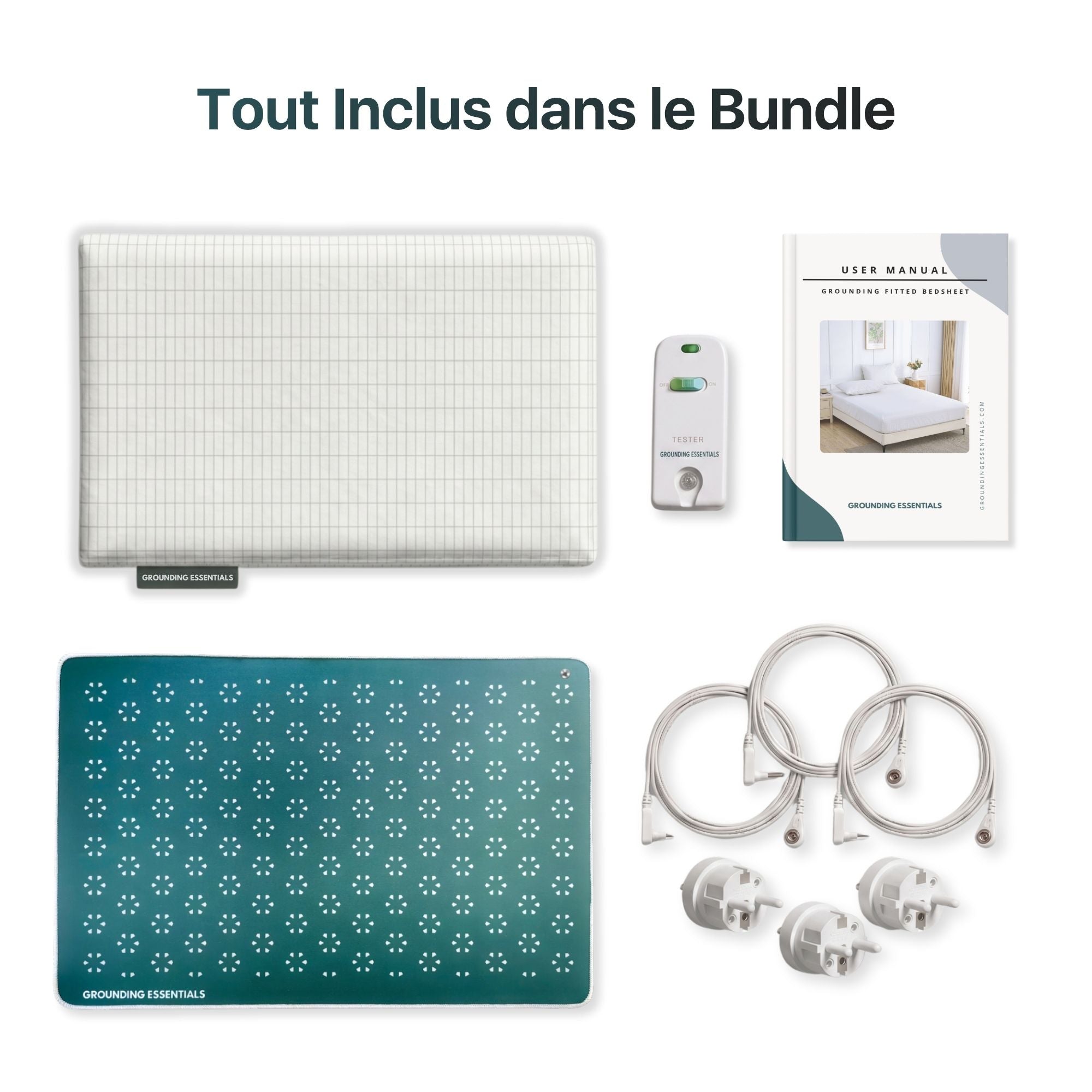 Ensemble de drap de grounding avec drap-housse, tapis de grounding Midnight Moss, testeur de conductivité, manuel d’utilisation, cordons et prises de connexion inclus