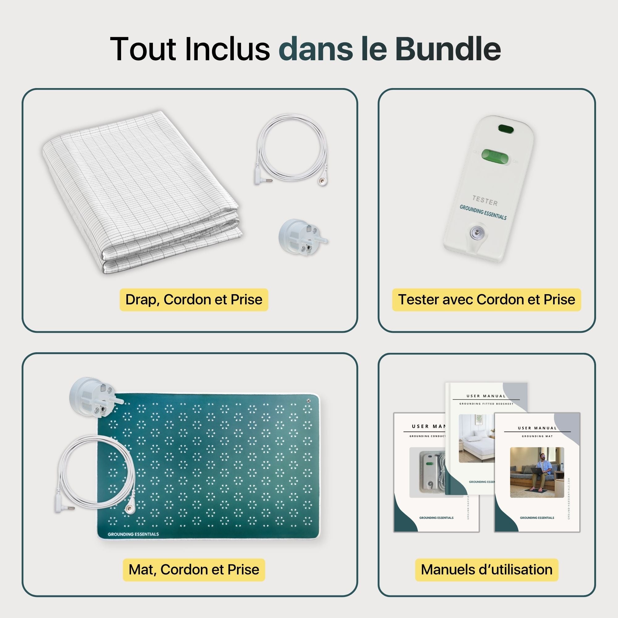 Ensemble de drap de grounding avec drap-housse, testeur de conductivité, tapis de grounding Midnight Moss, cordons, prises de connexion et manuels d’utilisation inclus