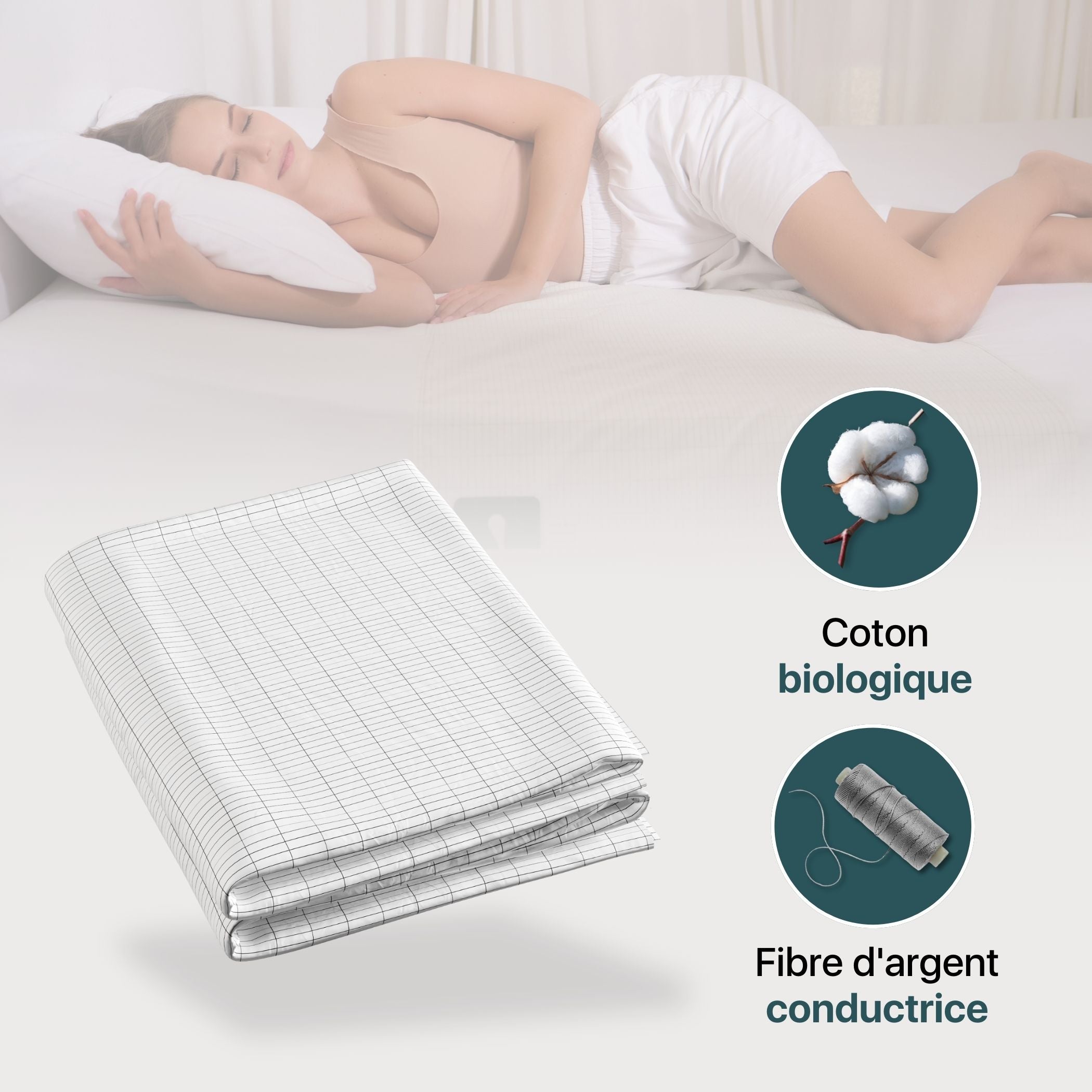 Drap de mise à la terre blanc avec détails en coton bio et fibre d’argent conductrice
