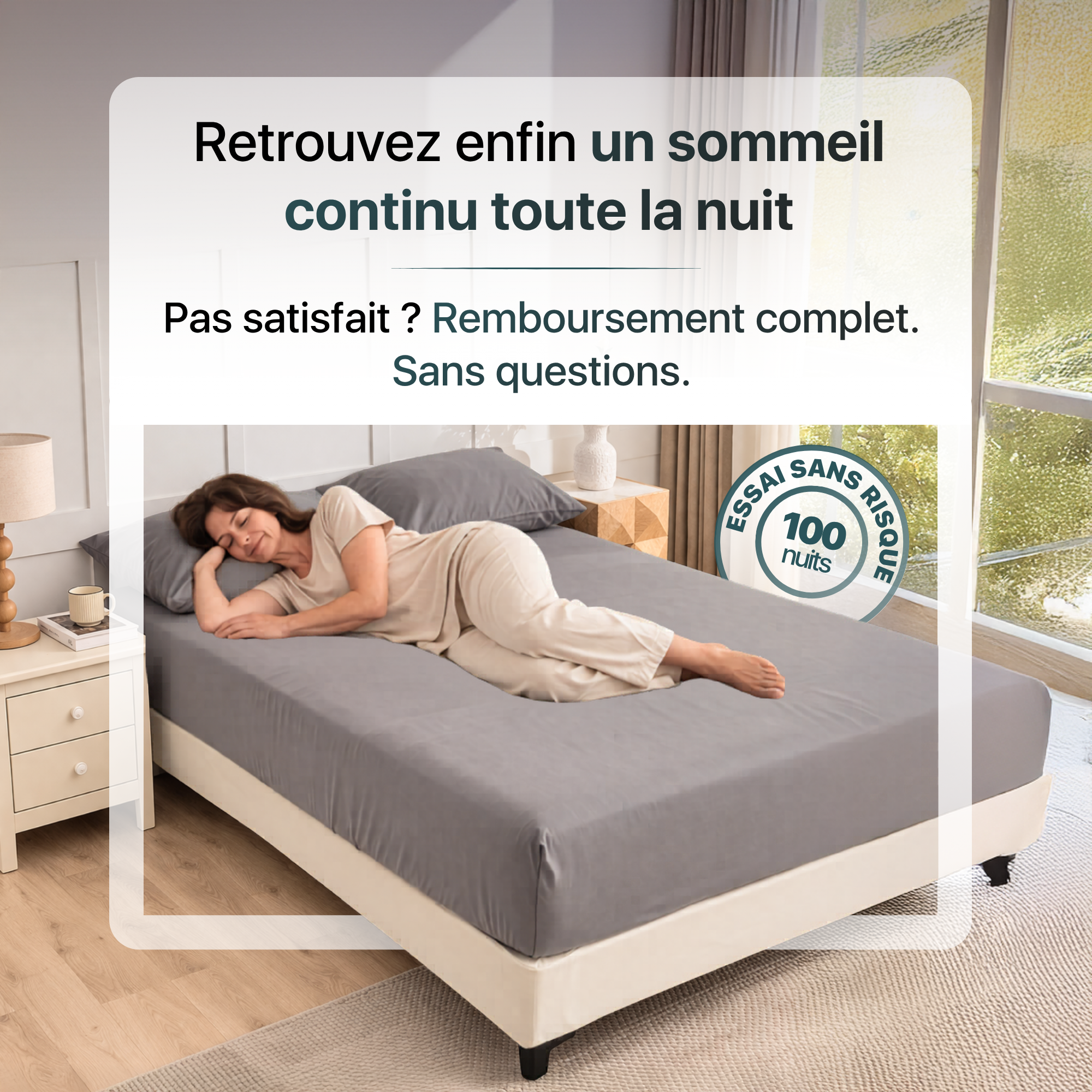 Drap de mise à la terre gris sur lit avec femme dormant et badge essai sans risque 100 nuits