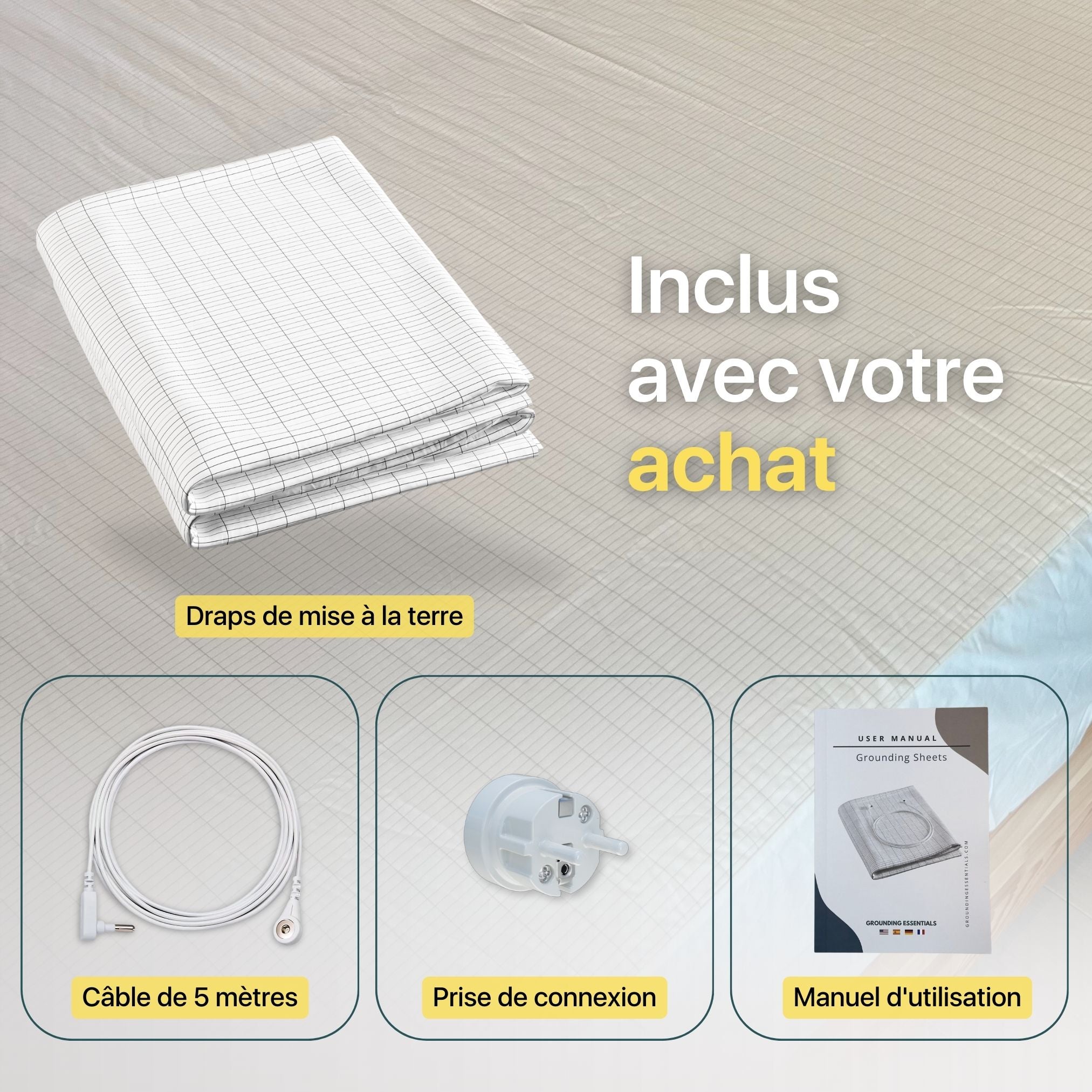 Drap de mise à la terre avec drap blanc, cordon de 5 mètres, prise et manuel utilisateur