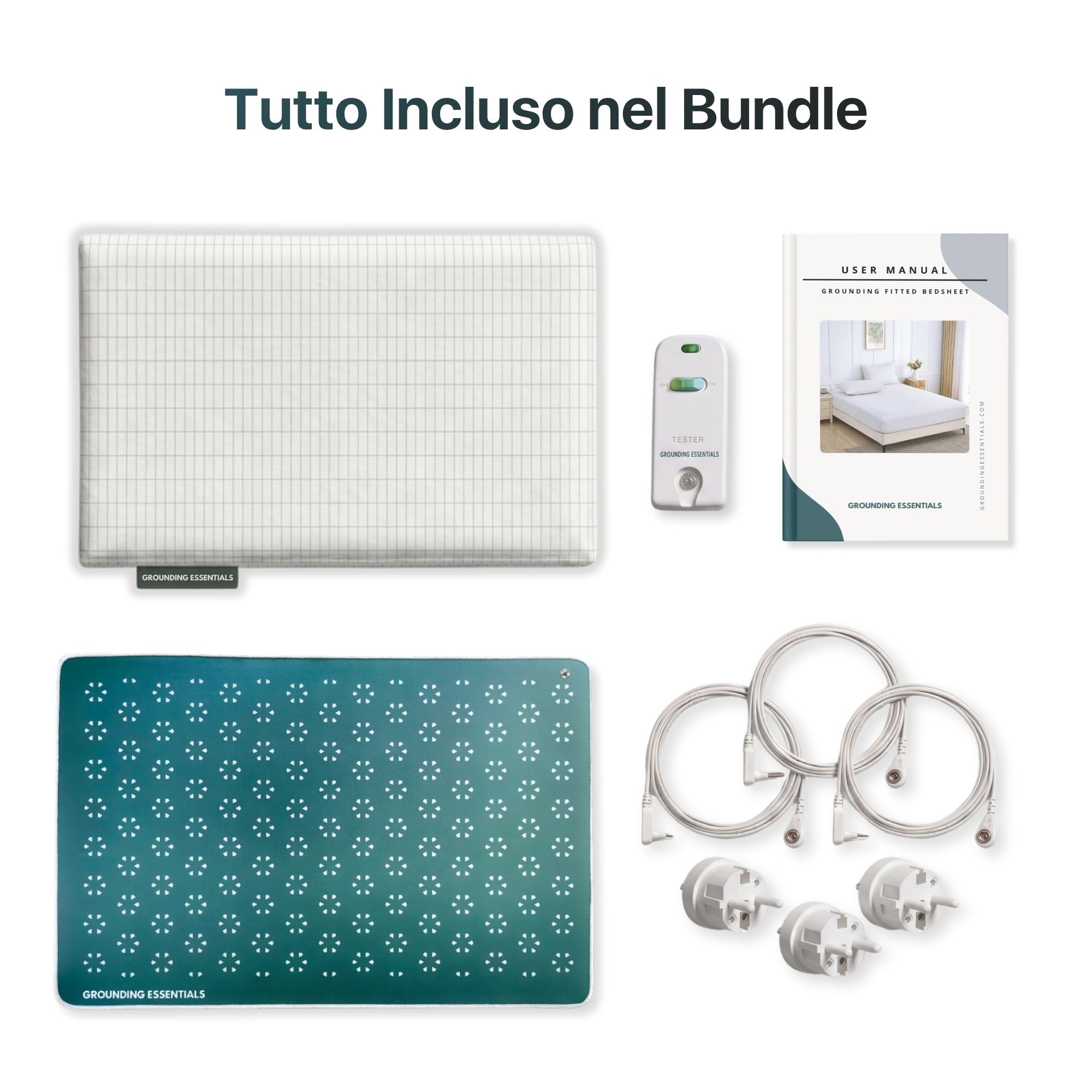 Bundle lenzuolo grounding con lenzuolo con angoli, tappetino grounding Midnight Moss, tester di conducibilità, manuale utente, cavi e spine di connessione inclusi