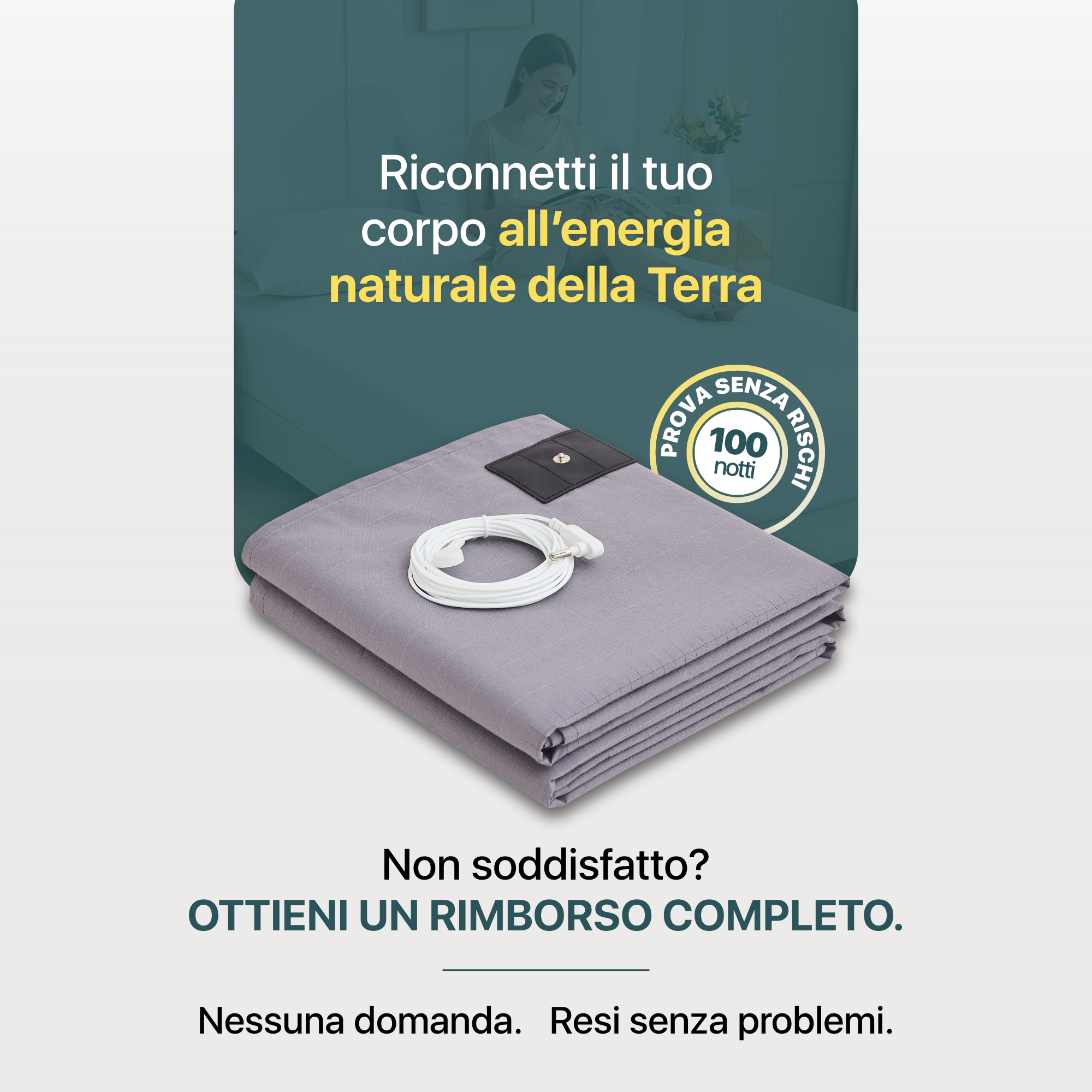 Lenzuolo grounding grigio con cavo grounding e badge prova senza rischi 100 notti