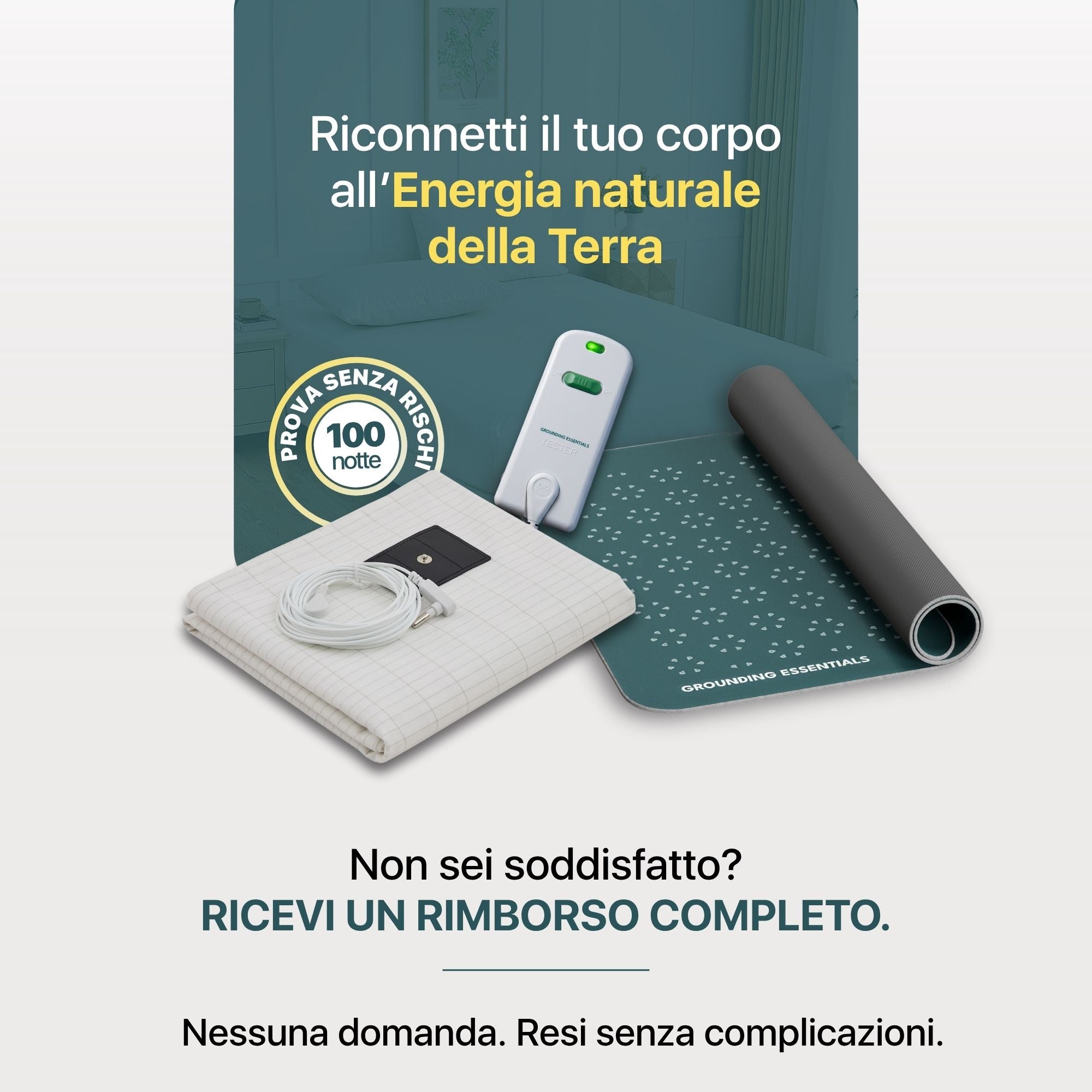 Bundle lenzuolo grounding con lenzuolo con angoli, tappetino grounding Midnight Moss, tester di conducibilità e messaggio di prova senza rischi con rimborso completo e resi senza problemi