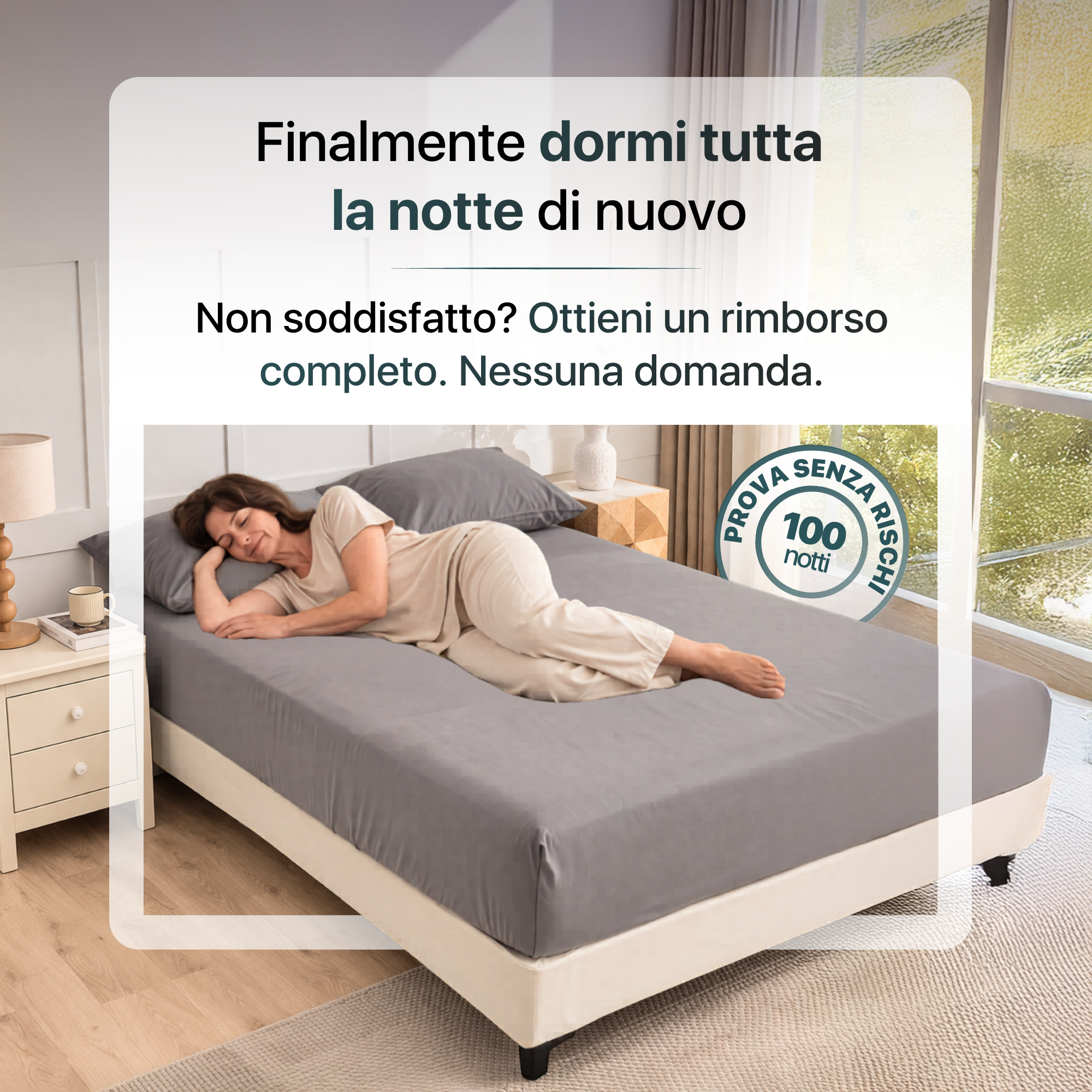 Lenzuolo grounding grigio su letto con donna che dorme e badge prova senza rischi 100 notti