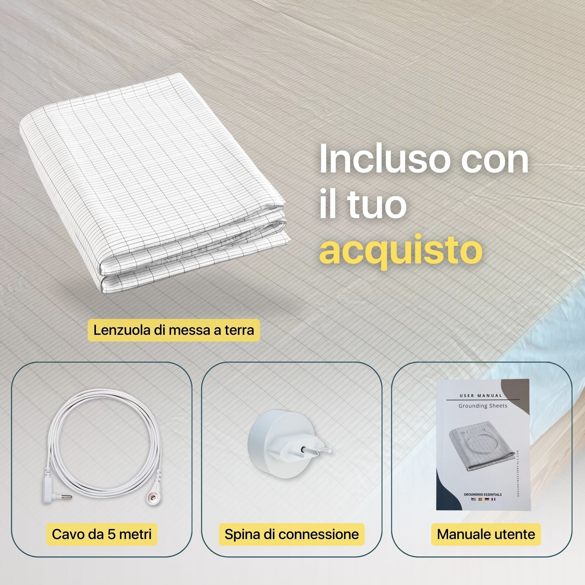 Lenzuolo grounding con lenzuolo bianco, cavo da 5 metri, spina e manuale utente