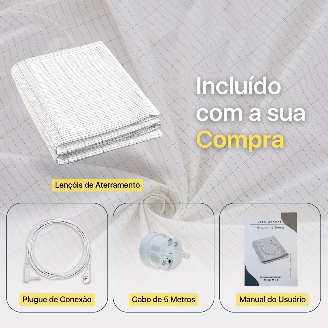 Lençol grounding com lençol branco, cabo de 5 metros, ficha e manual do utilizador