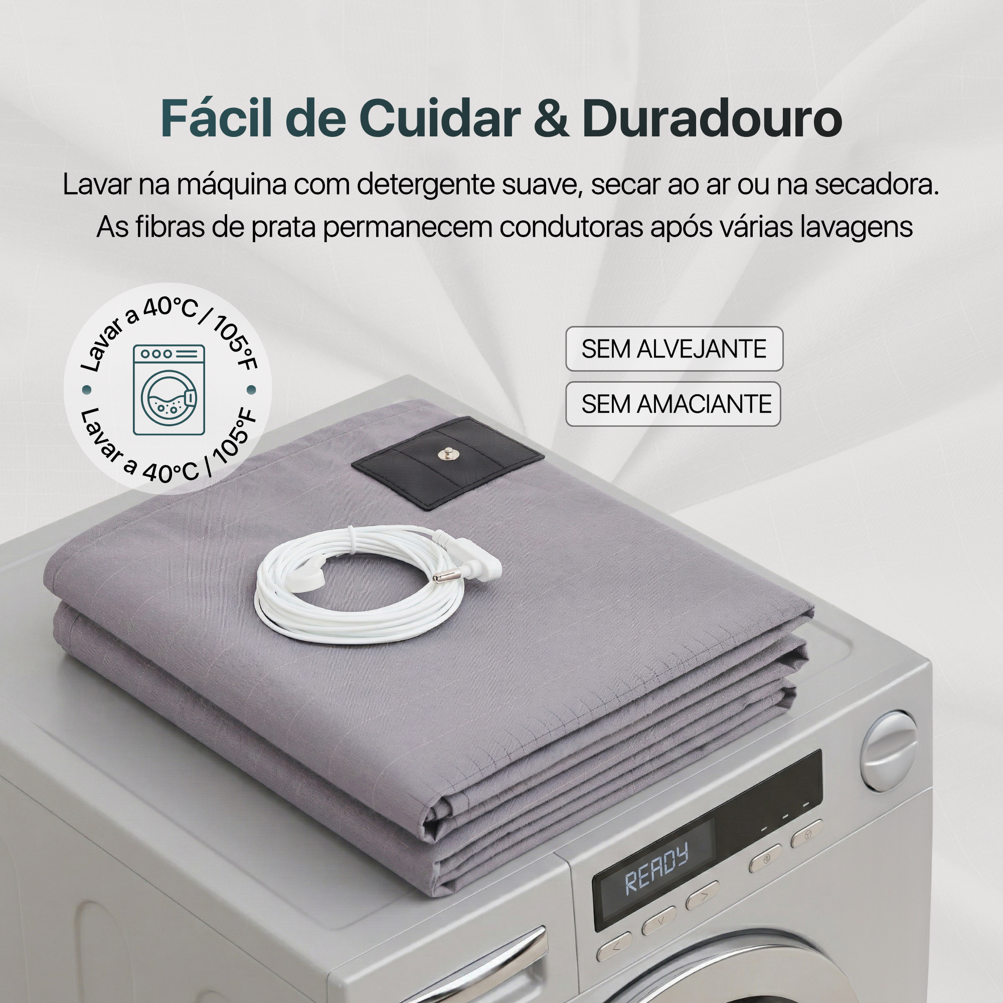 Lençol grounding cinzento com cabo grounding na máquina de lavar e instruções de cuidado