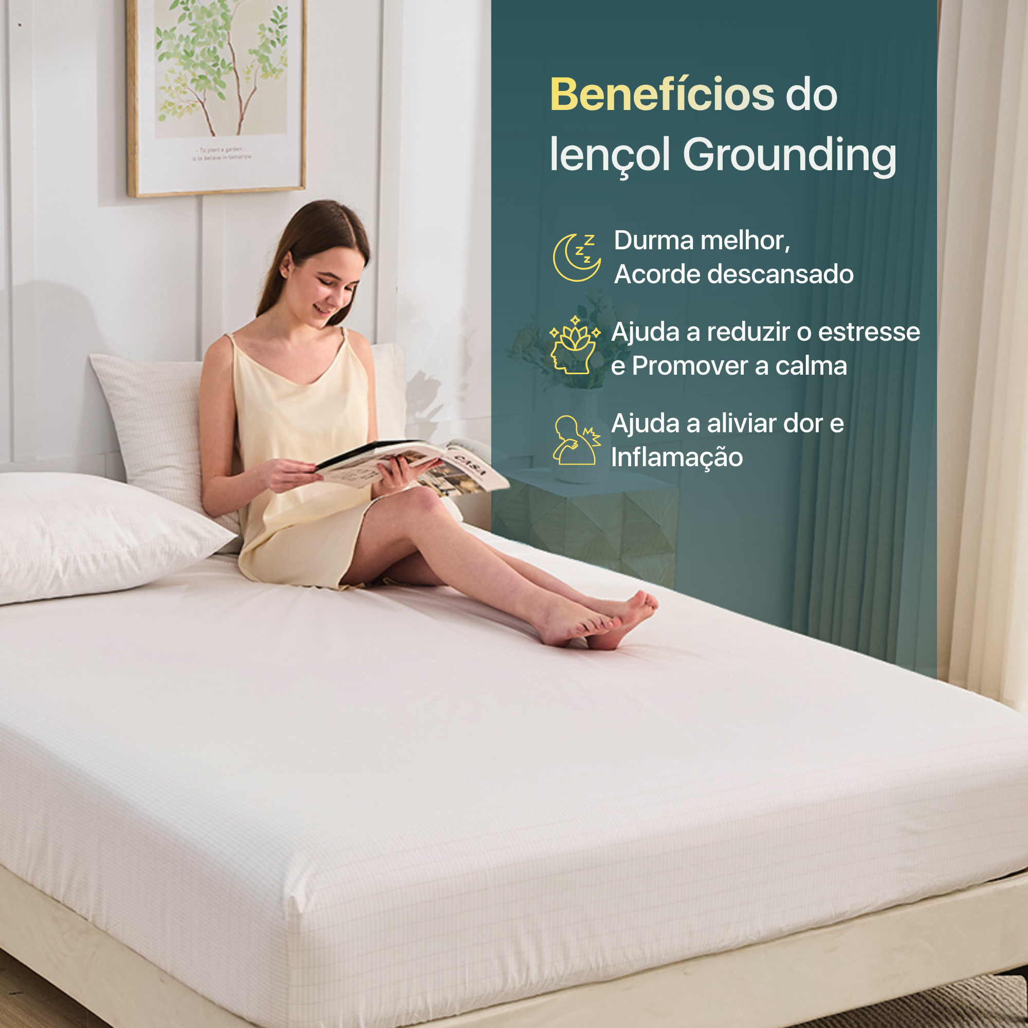 ençol grounding em cama branca com mulher a ler e benefícios para sono e calma