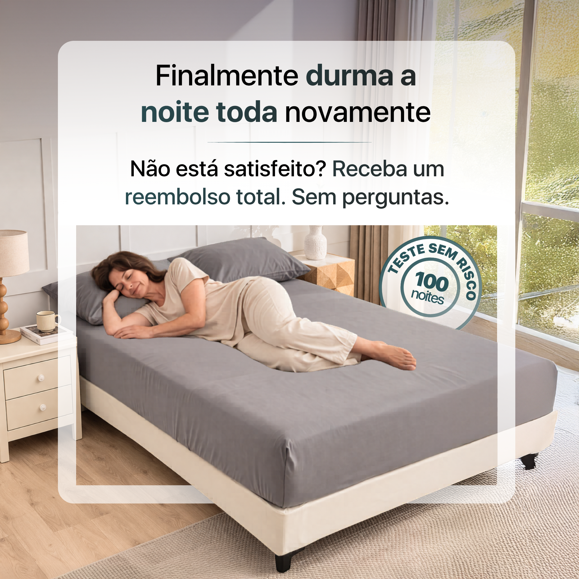 Lençol grounding cinzento na cama com mulher a dormir e selo de teste sem risco 100 noites