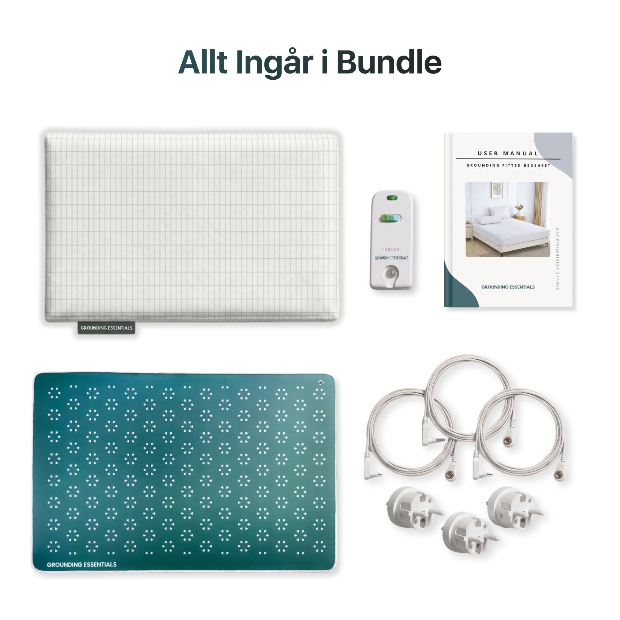 Jordningslakan-paket med formsytt lakan, jordningsmatta i Midnight Moss, konduktivitetstestare, användarmanual, kablar och anslutningskontakter