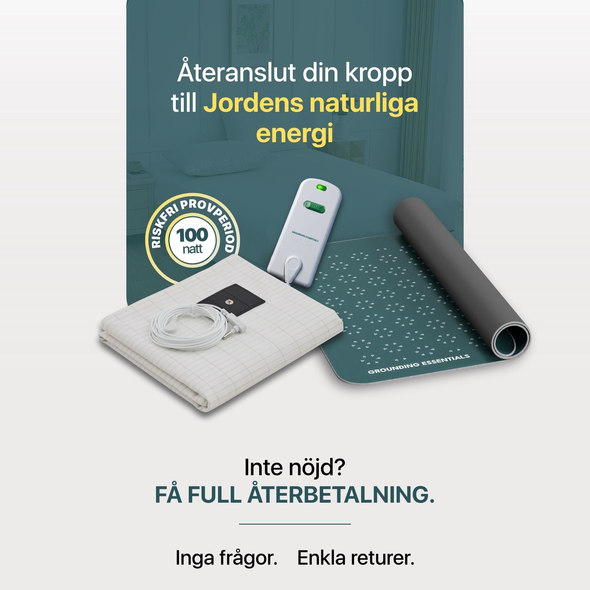 Jordningslakan-paket med formsytt lakan, jordningsmatta i Midnight Moss, konduktivitetstestare och riskfri provperiod med full återbetalning och enkla returer